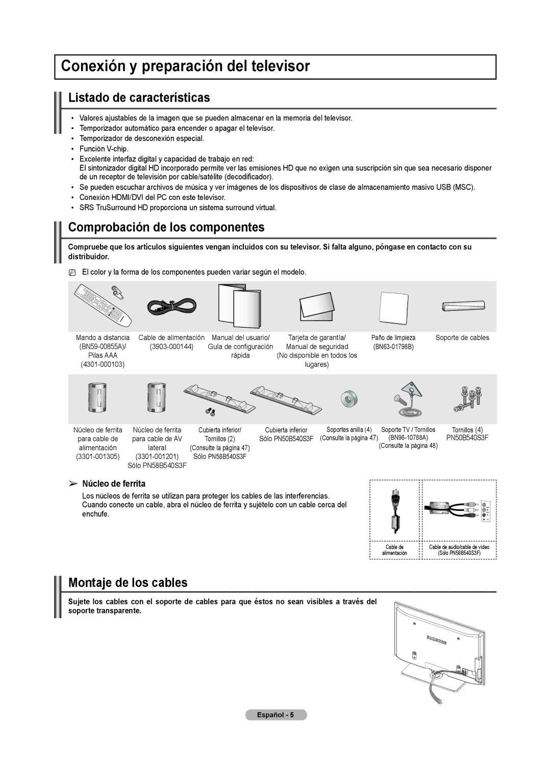 Samsung PN5B540SF Conexión y preparación del televisor, Listado de características, Comprobación de los componentes 