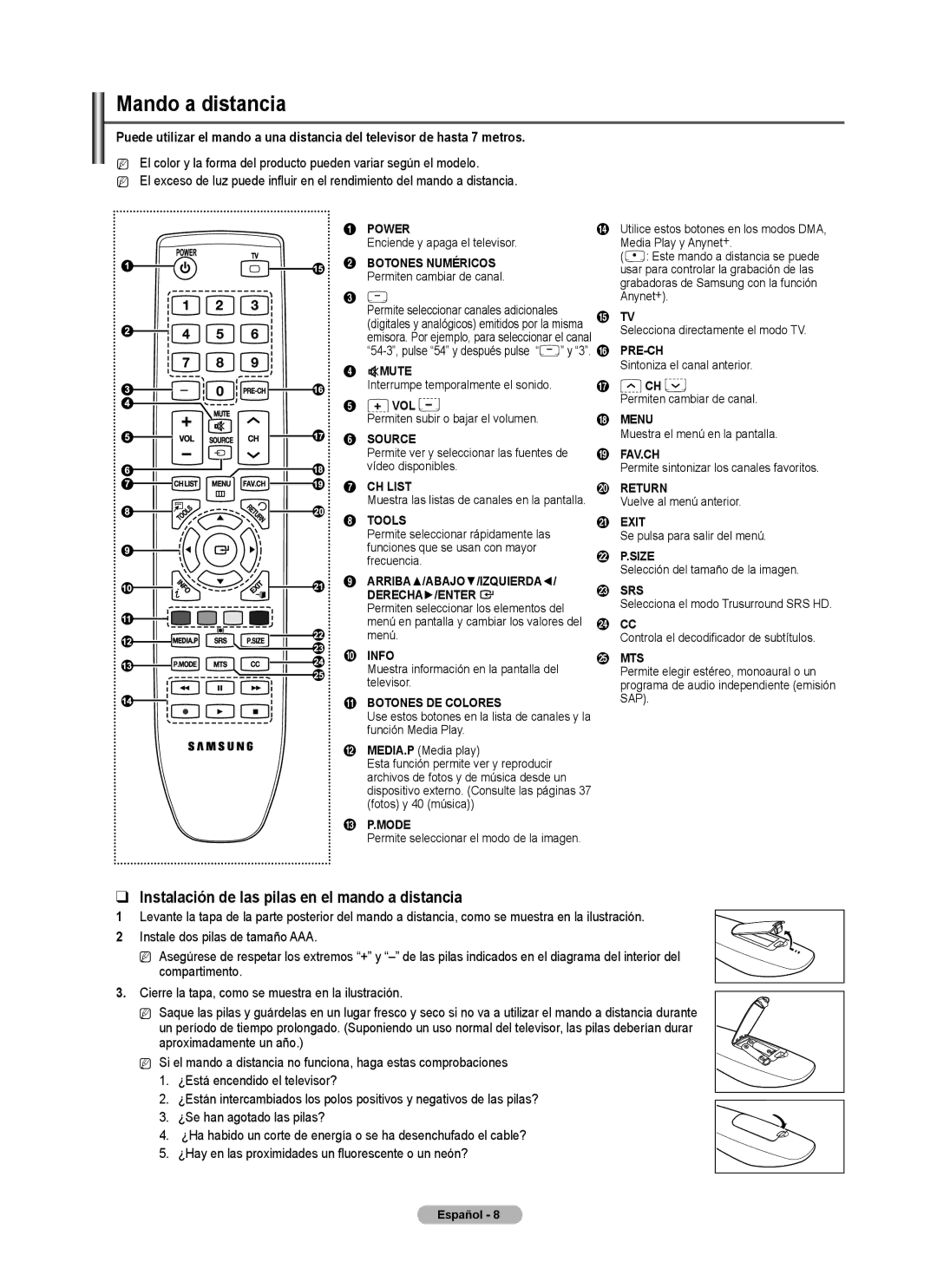 Samsung PN5B540SF user manual Mando a distancia, Instalación de las pilas en el mando a distancia 