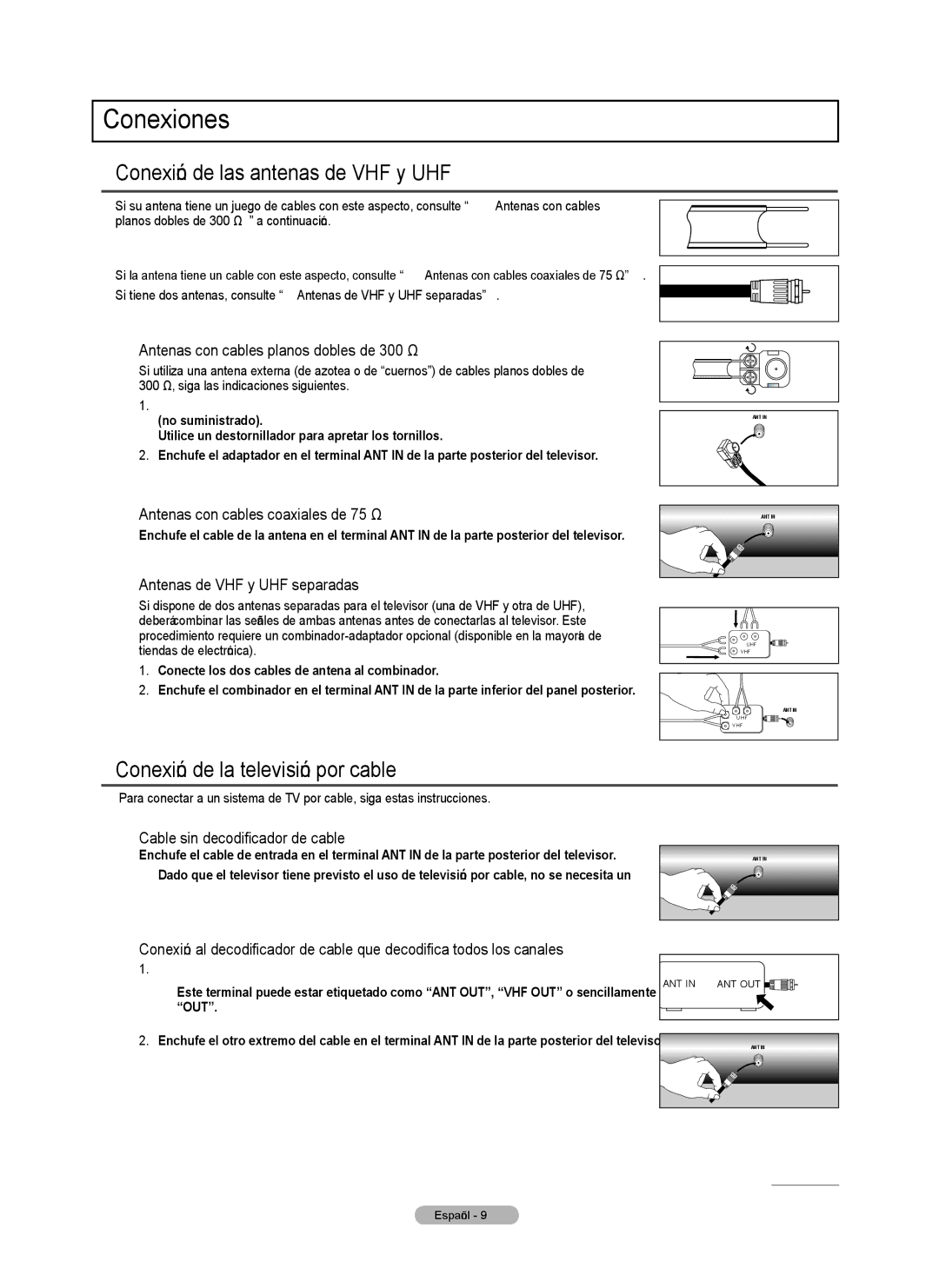 Samsung PN5B540SF user manual Conexiones, Conexión de las antenas de VHF y UHF, Conexión de la televisión por cable 