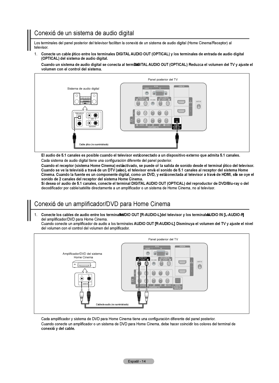 Samsung PN5B540SF user manual Conexión de un sistema de audio digital, Conexión de un amplificador/DVD para Home Cinema 