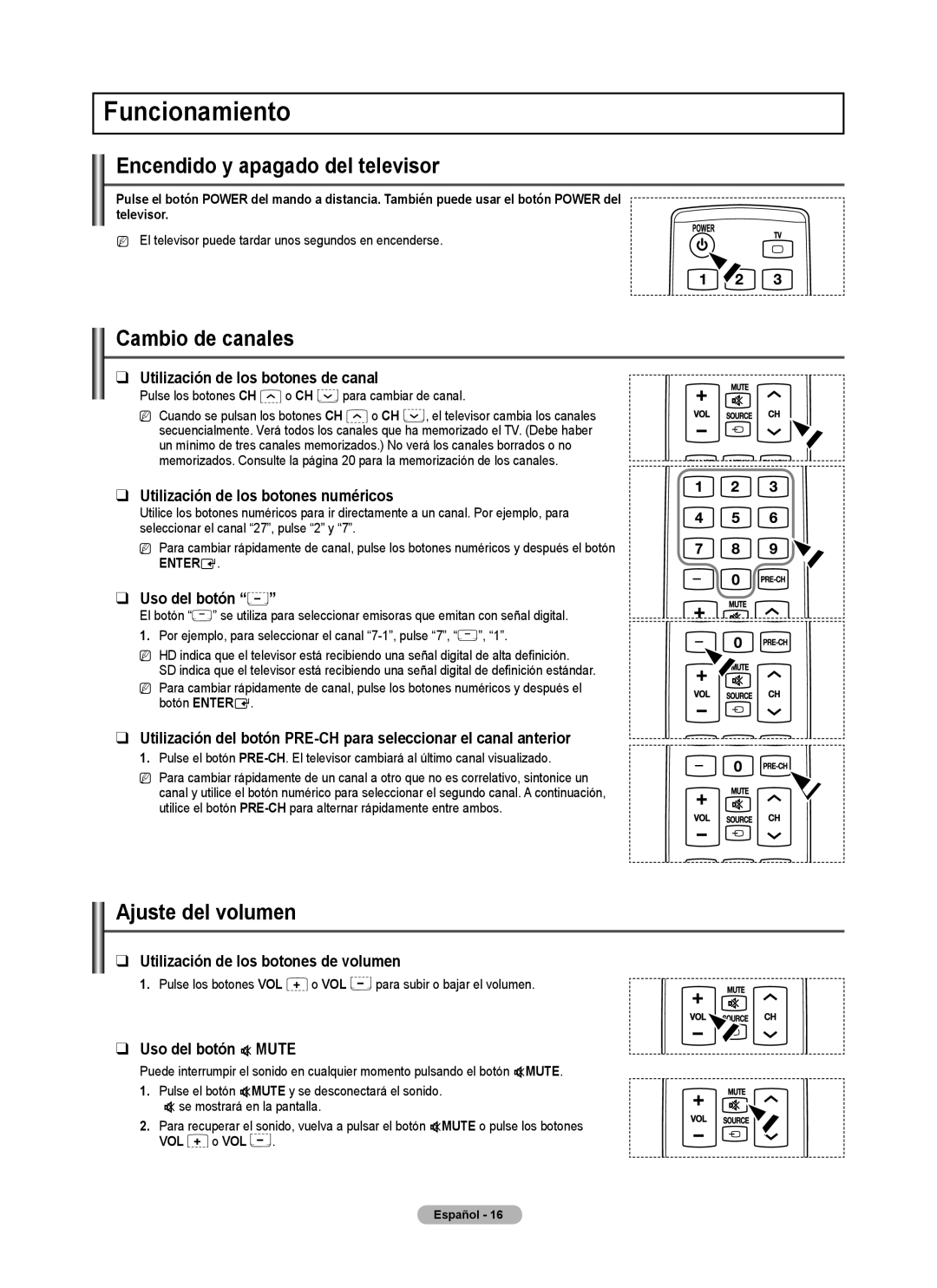 Samsung PN5B540SF user manual Funcionamiento, Encendido y apagado del televisor, Cambio de canales, Ajuste del volumen 