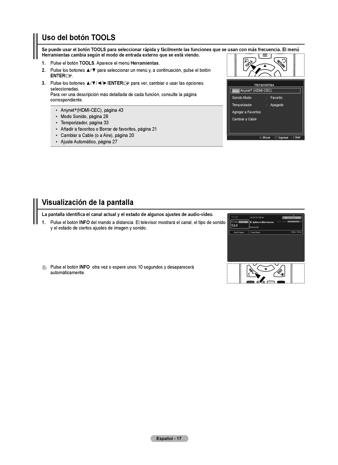 Samsung PN5B540SF user manual Uso del botón Tools, Visualización de la pantalla 