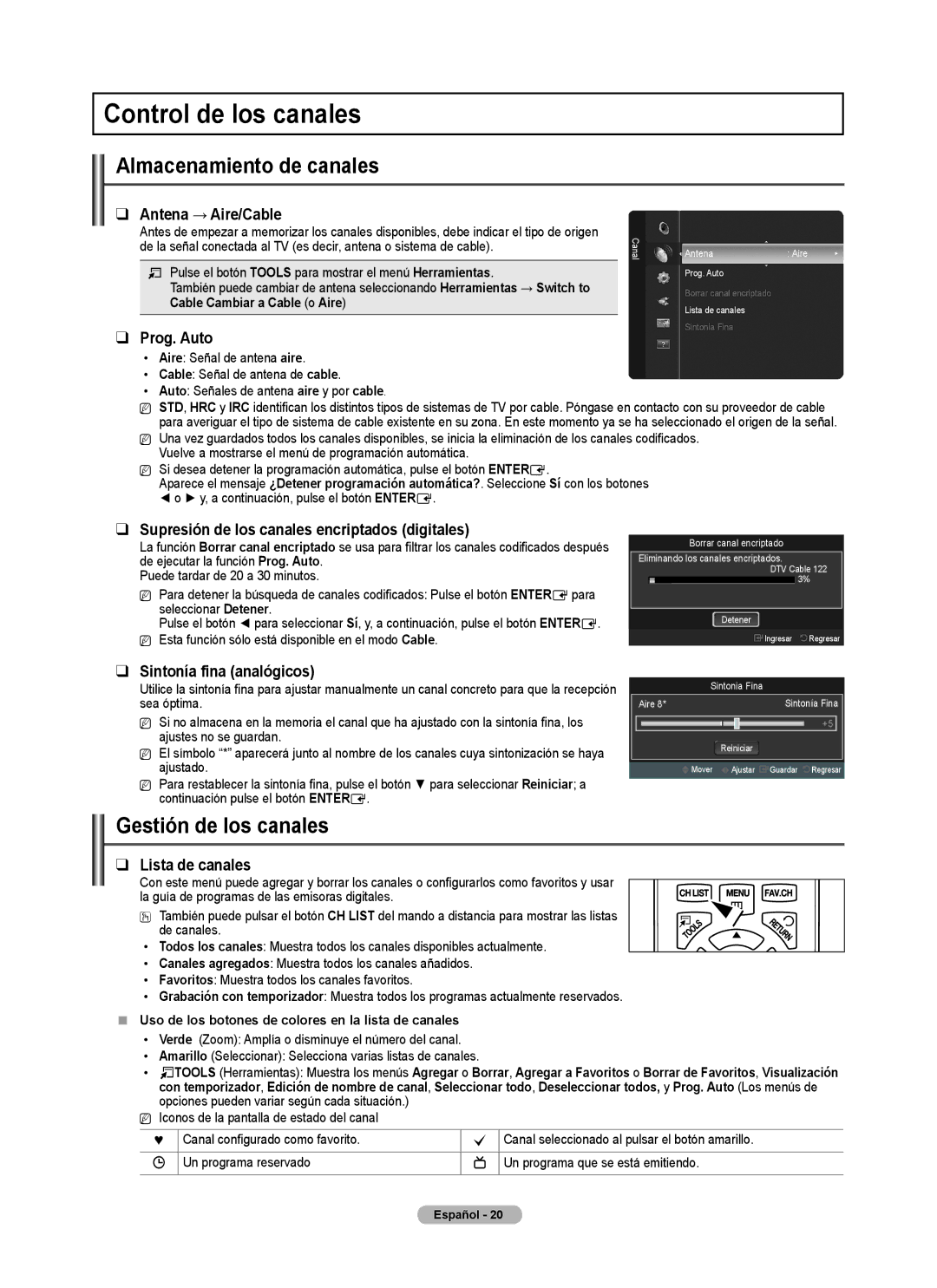 Samsung PN5B540SF user manual Control de los canales, Almacenamiento de canales, Gestión de los canales 