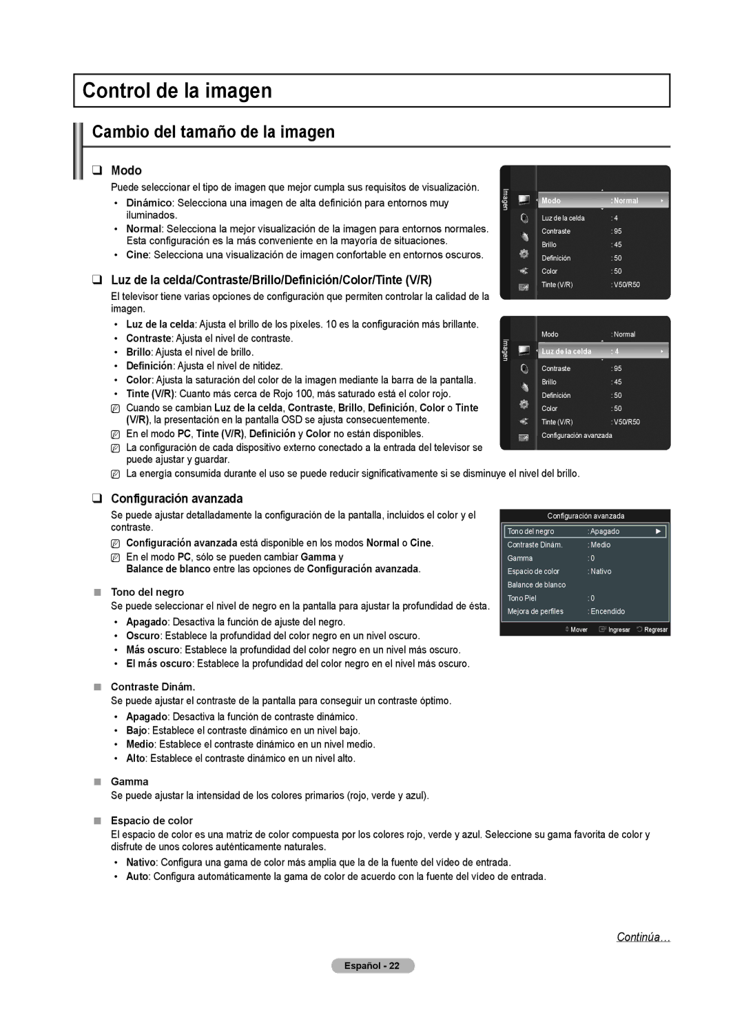 Samsung PN5B540SF user manual Control de la imagen, Cambio del tamaño de la imagen, Modo, Configuración avanzada 