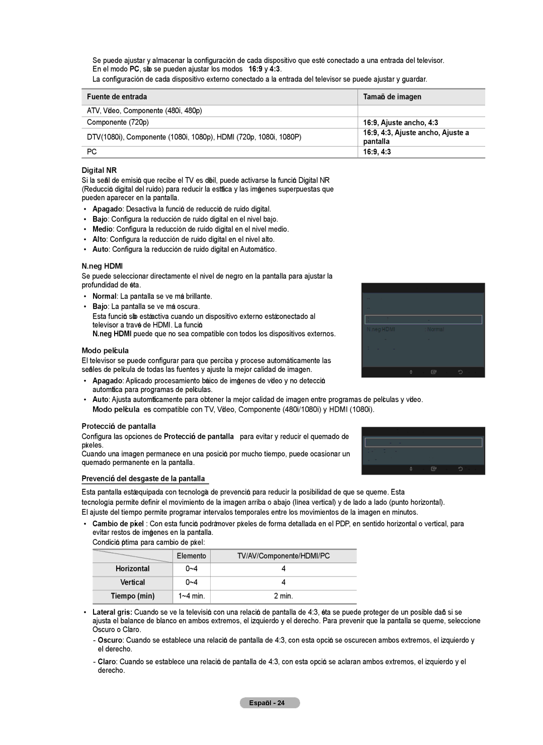 Samsung PN5B540SF user manual Fuente de entrada,  N.neg Hdmi,  Modo película,  Protección de pantalla 