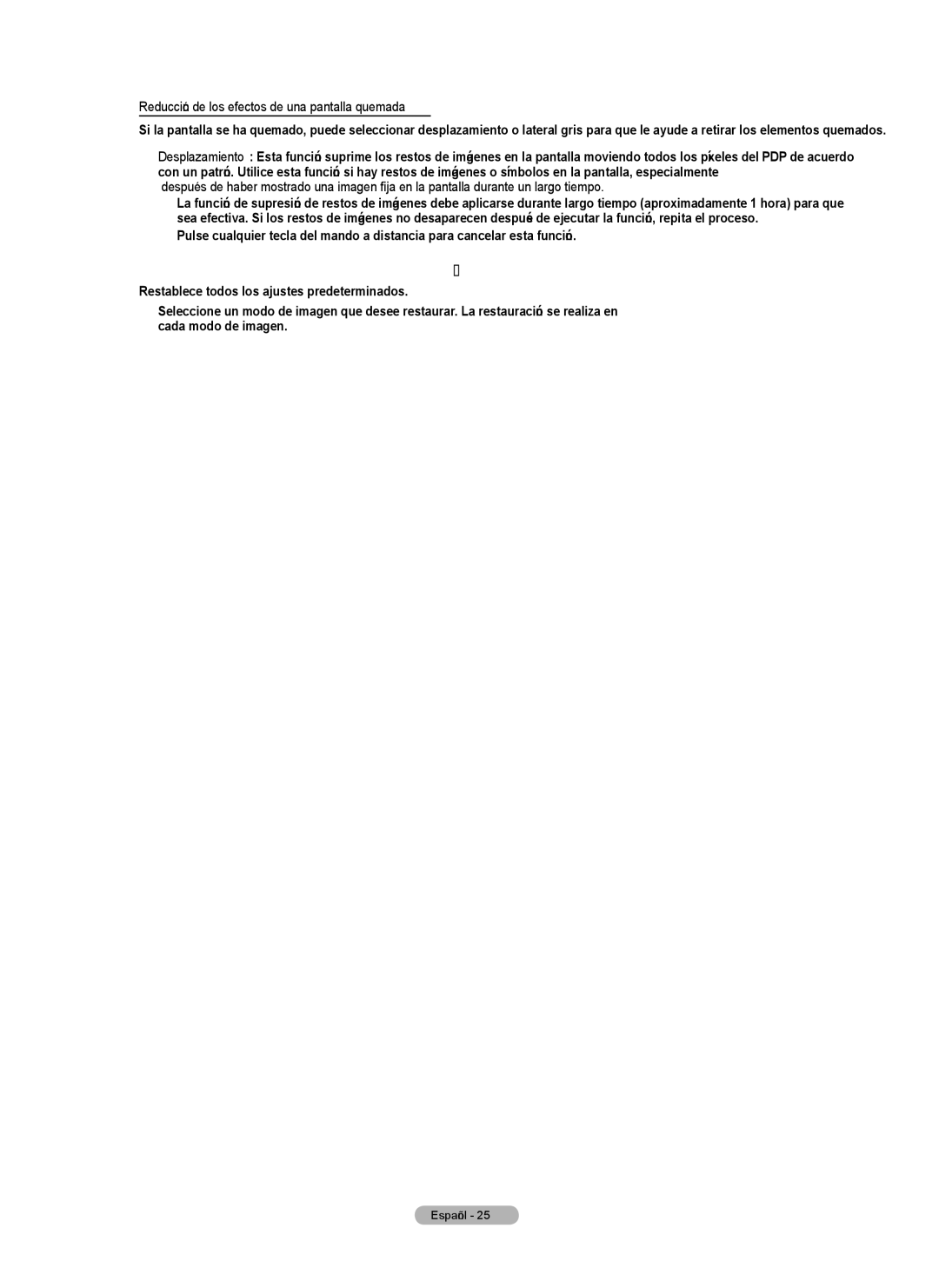 Samsung PN5B540SF Reinicio de la imagen → Reinic. modo imagen/Cancelar, Reducción de los efectos de una pantalla quemada 
