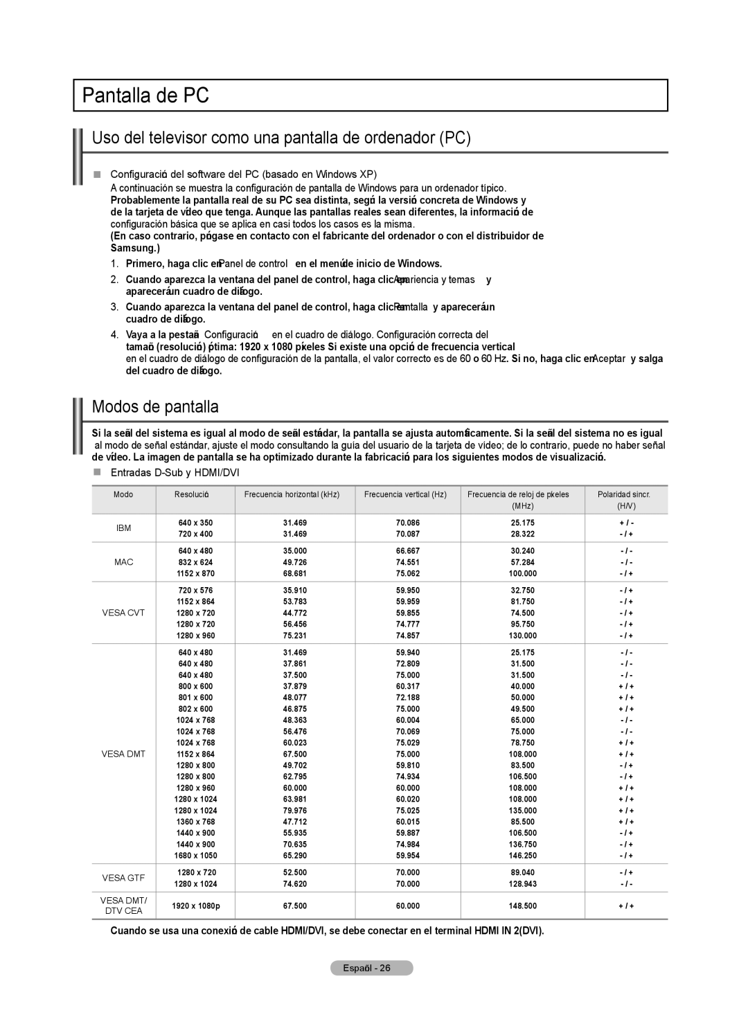 Samsung PN5B540SF user manual Pantalla de PC, Uso del televisor como una pantalla de ordenador PC, Modos de pantalla 