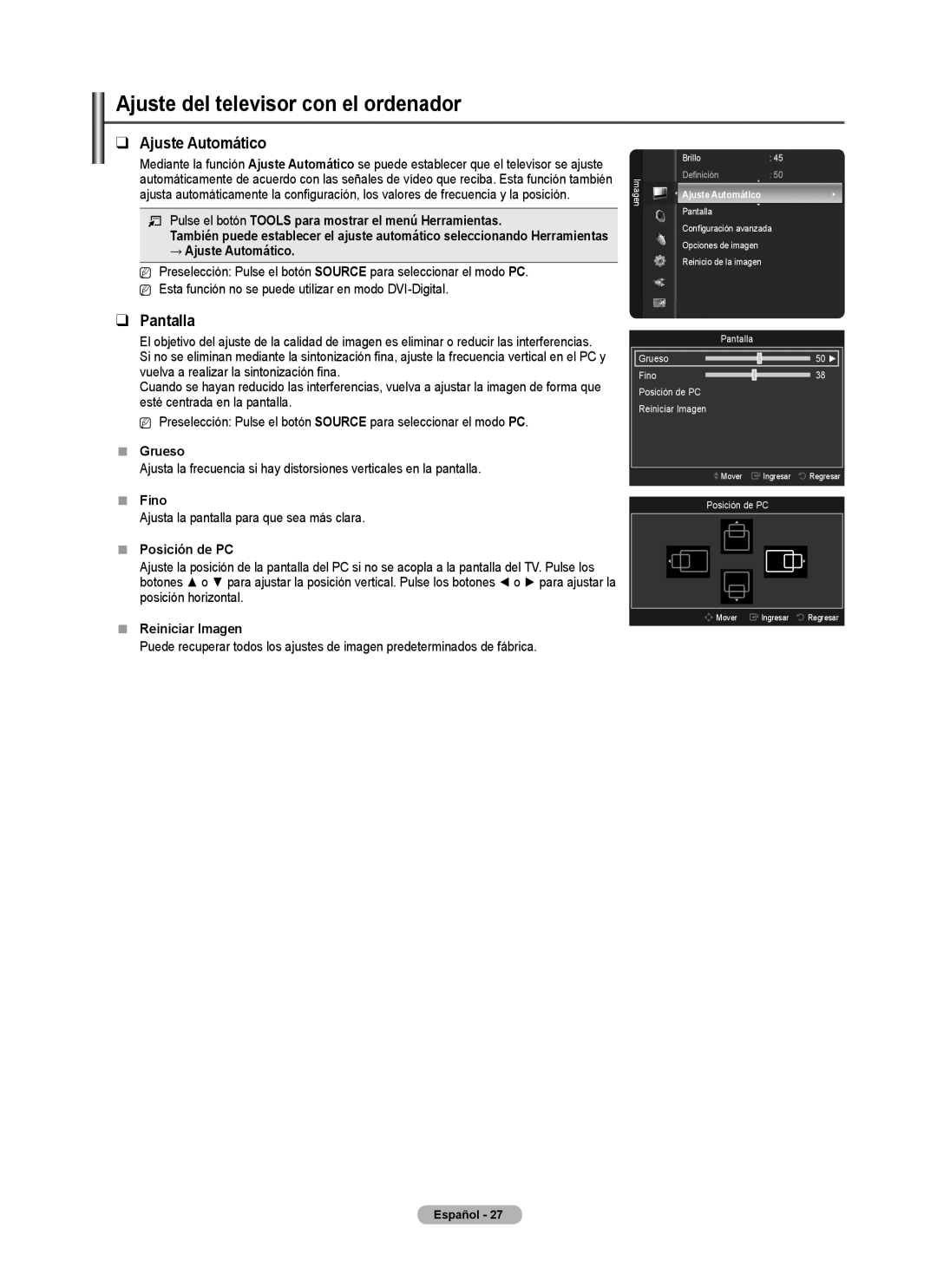 Samsung PN5B540SF user manual Ajuste del televisor con el ordenador, Ajuste Automático, Pantalla 