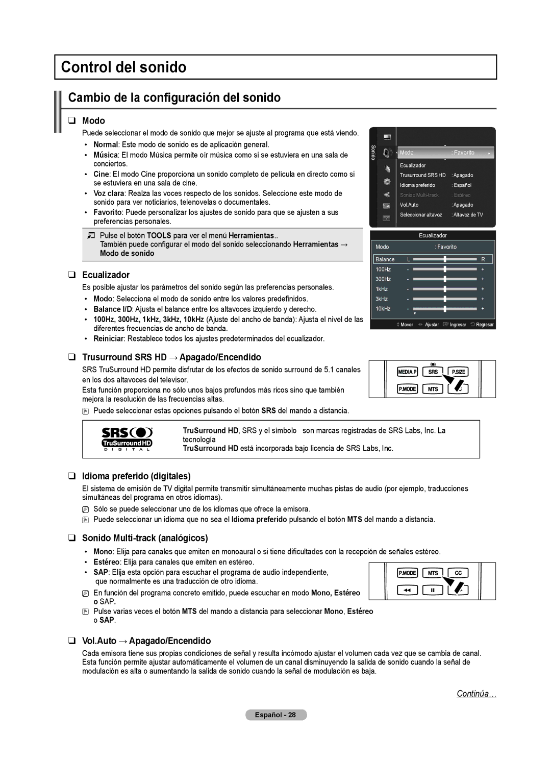 Samsung PN5B540SF user manual Control del sonido, Cambio de la configuración del sonido 