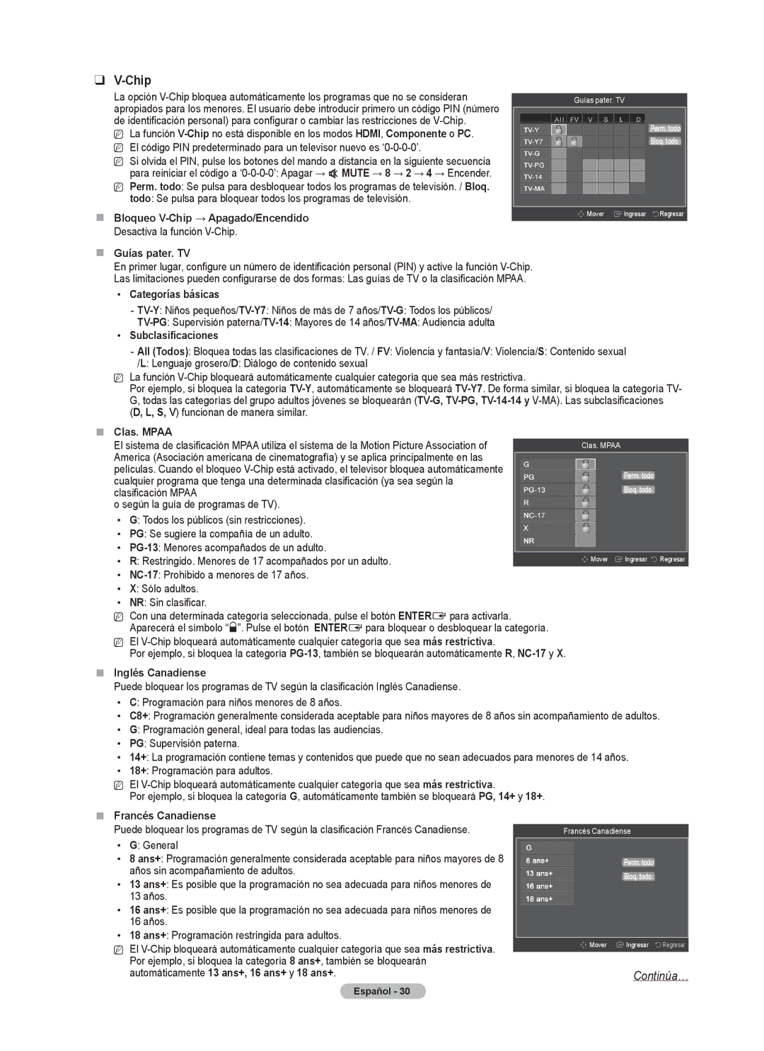 Samsung PN5B540SF  Bloqueo V-Chip → Apagado/Encendido,  Guías pater. TV, Categorías básicas, Subclasificaciones 