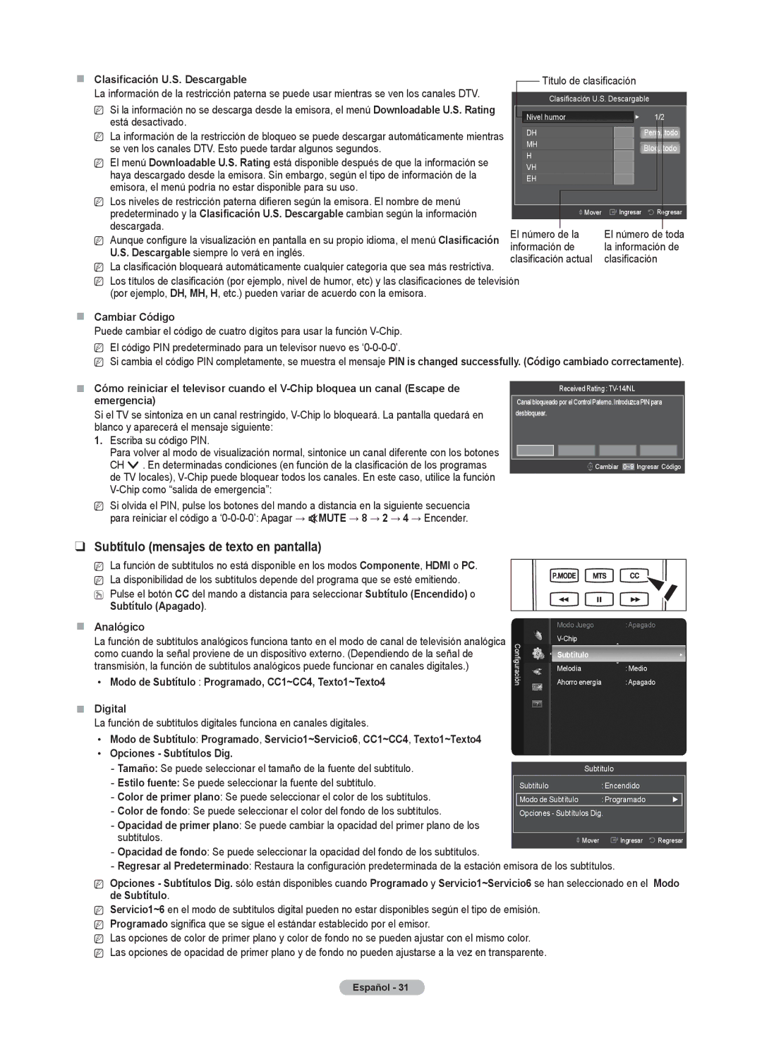 Samsung PN5B540SF user manual Subtítulo mensajes de texto en pantalla,  Cambiar Código, Subtítulo Apagado 