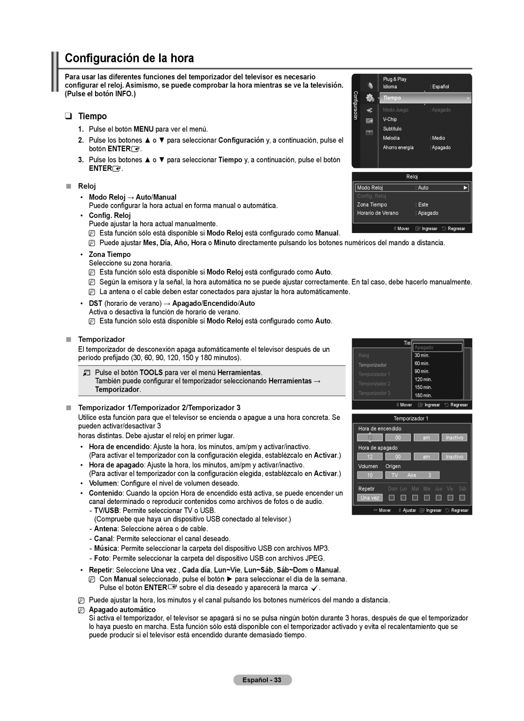 Samsung PN5B540SF user manual Configuración de la hora, Tiempo 