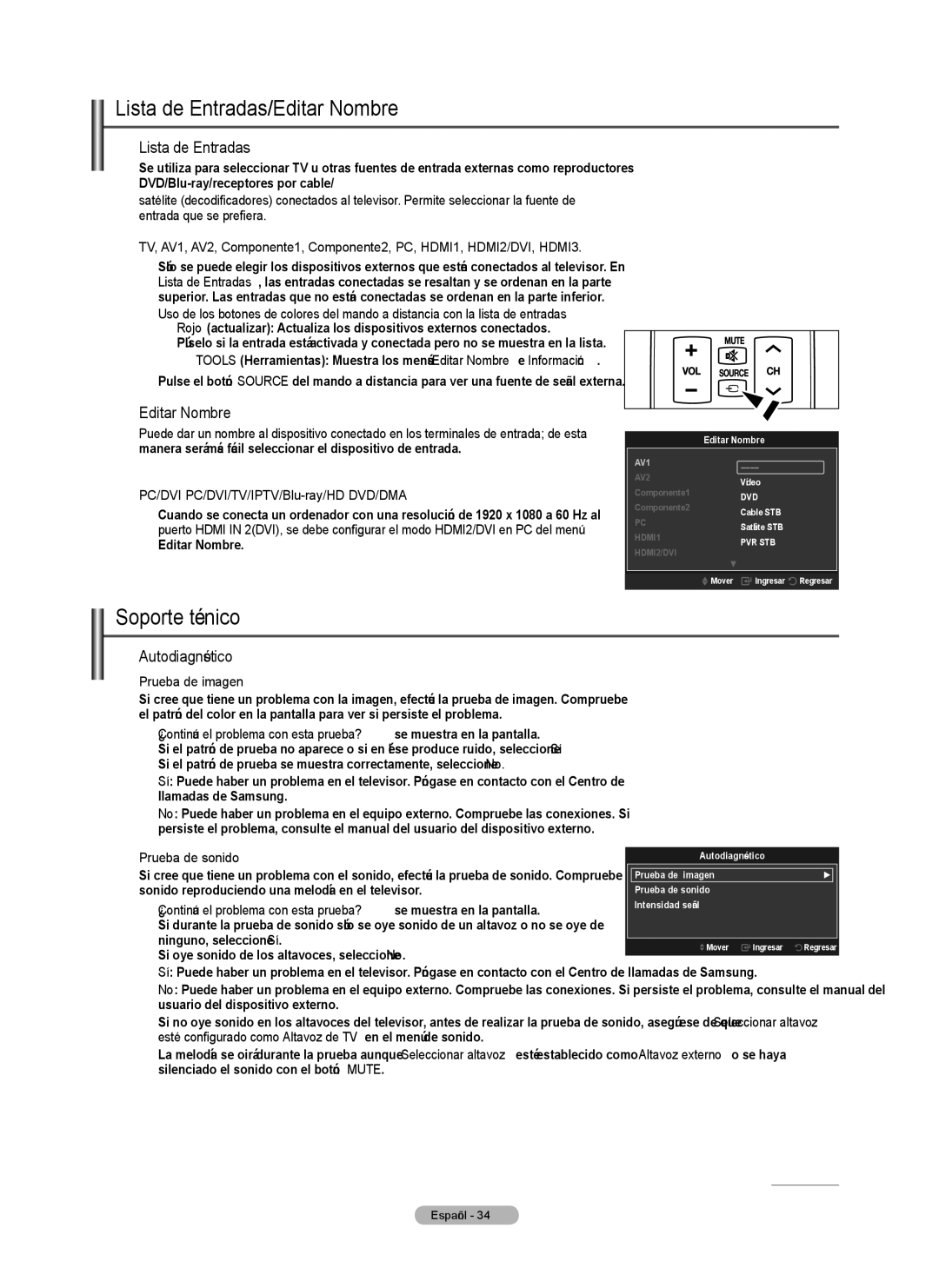 Samsung PN5B540SF user manual Lista de Entradas/Editar Nombre, Soporte técnico, Autodiagnóstico 