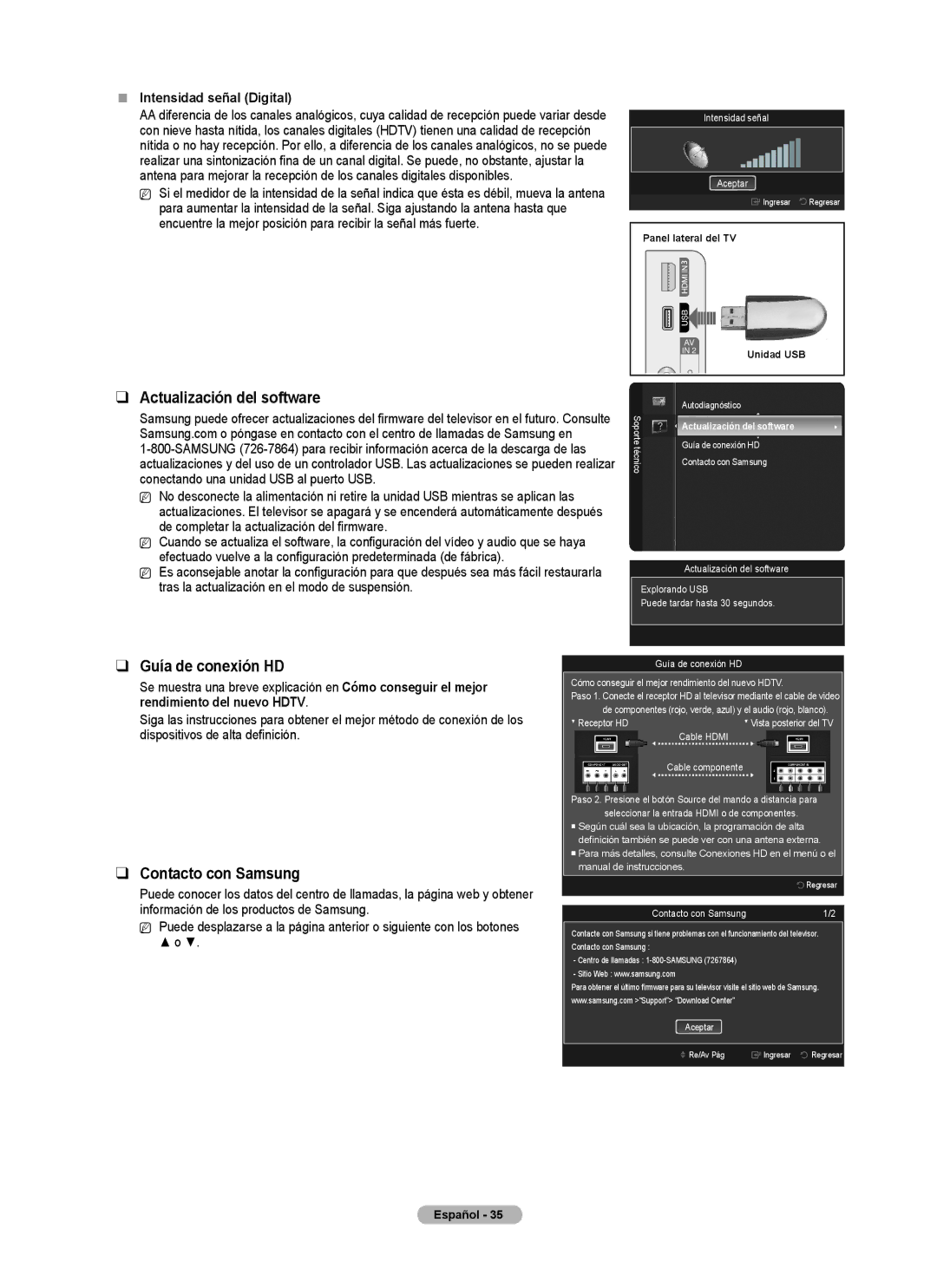 Samsung PN5B540SF Actualización del software, Guía de conexión HD, Contacto con Samsung,  Intensidad señal Digital 