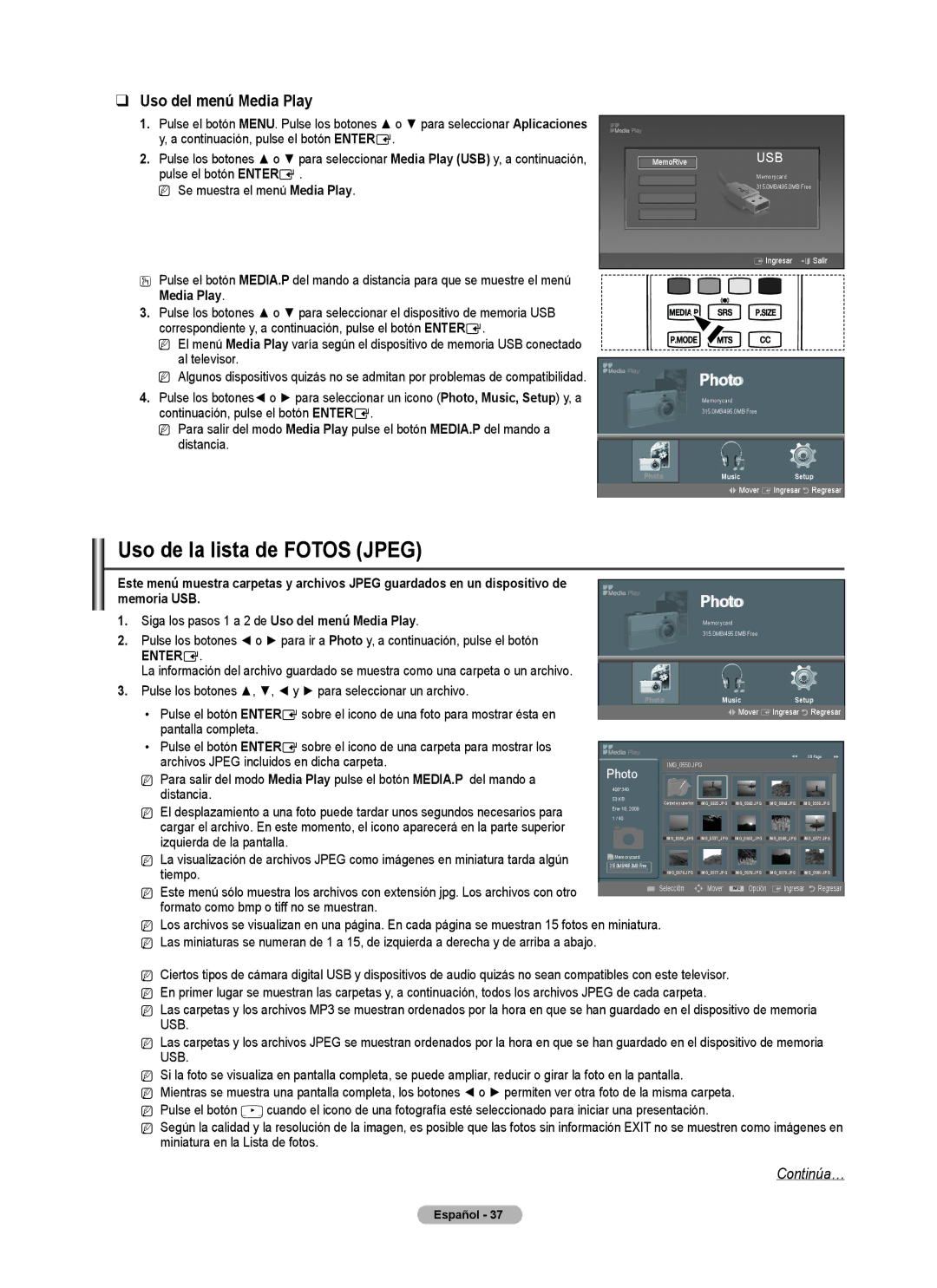 Samsung PN5B540SF user manual Uso de la lista de Fotos Jpeg, Uso del menú Media Play, Memoria USB, Pulse el botón 