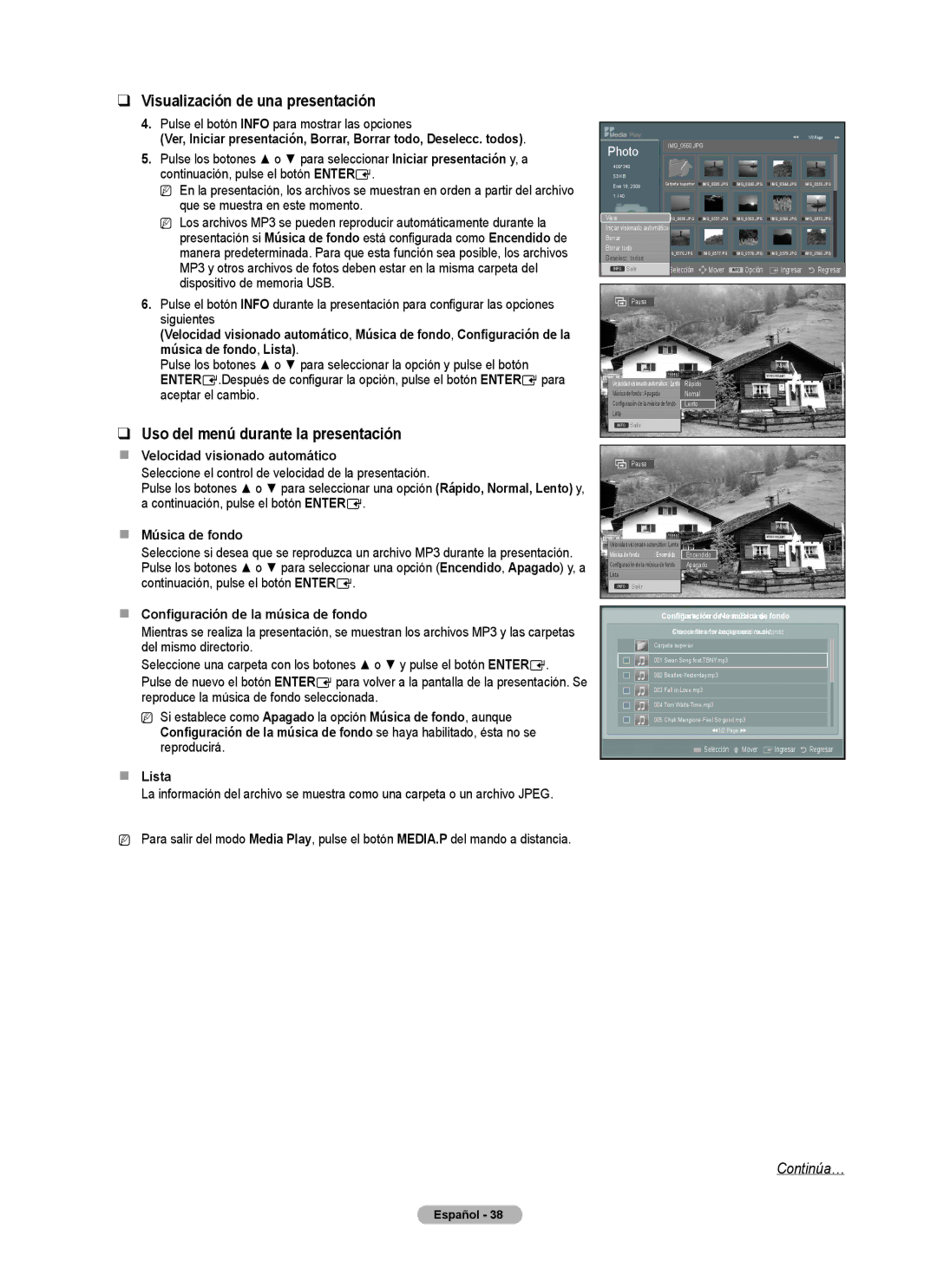 Samsung PN5B540SF user manual Visualización de una presentación, Uso del menú durante la presentación 