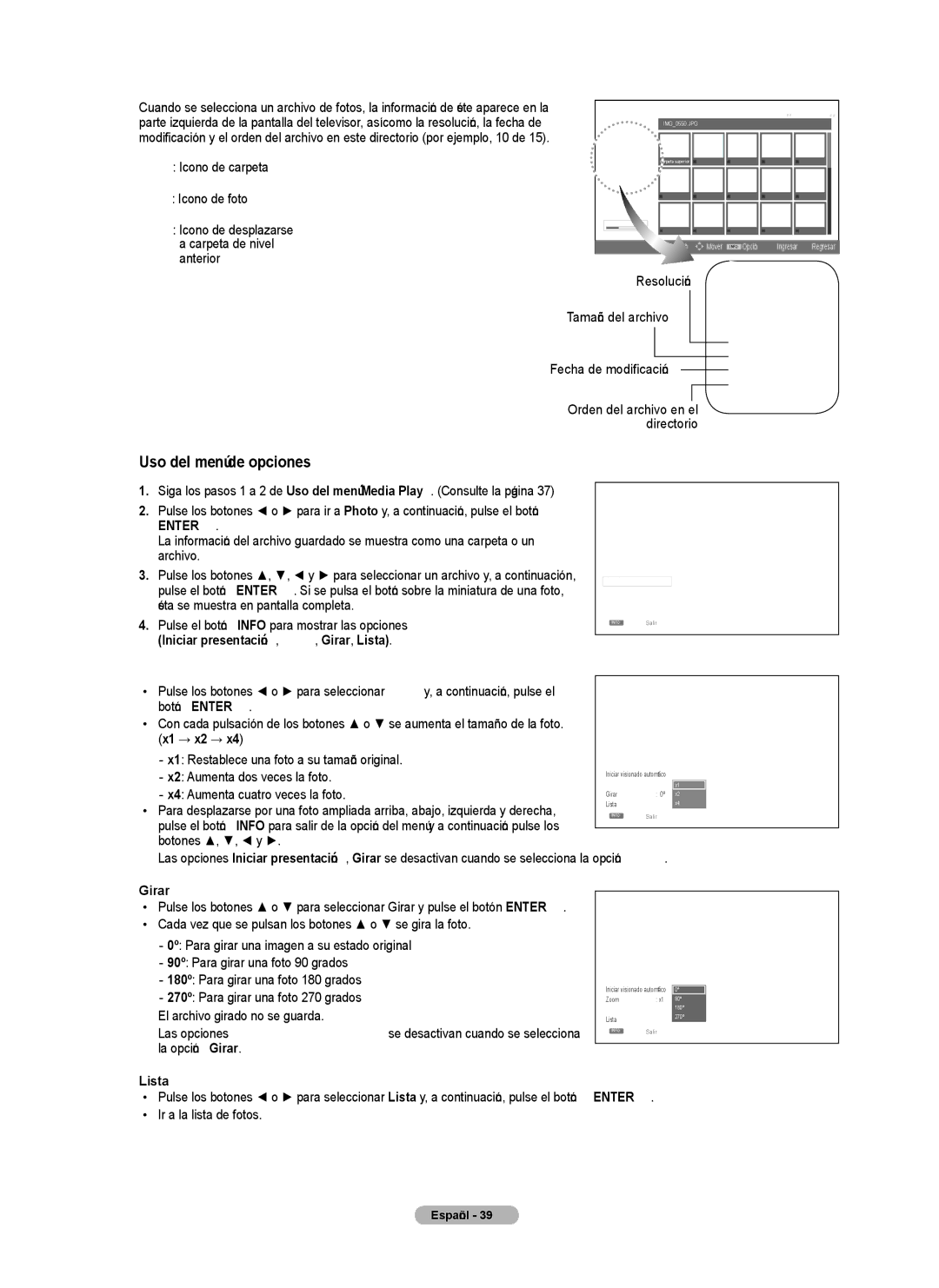 Samsung PN5B540SF user manual Uso del menú de opciones,  Girar 