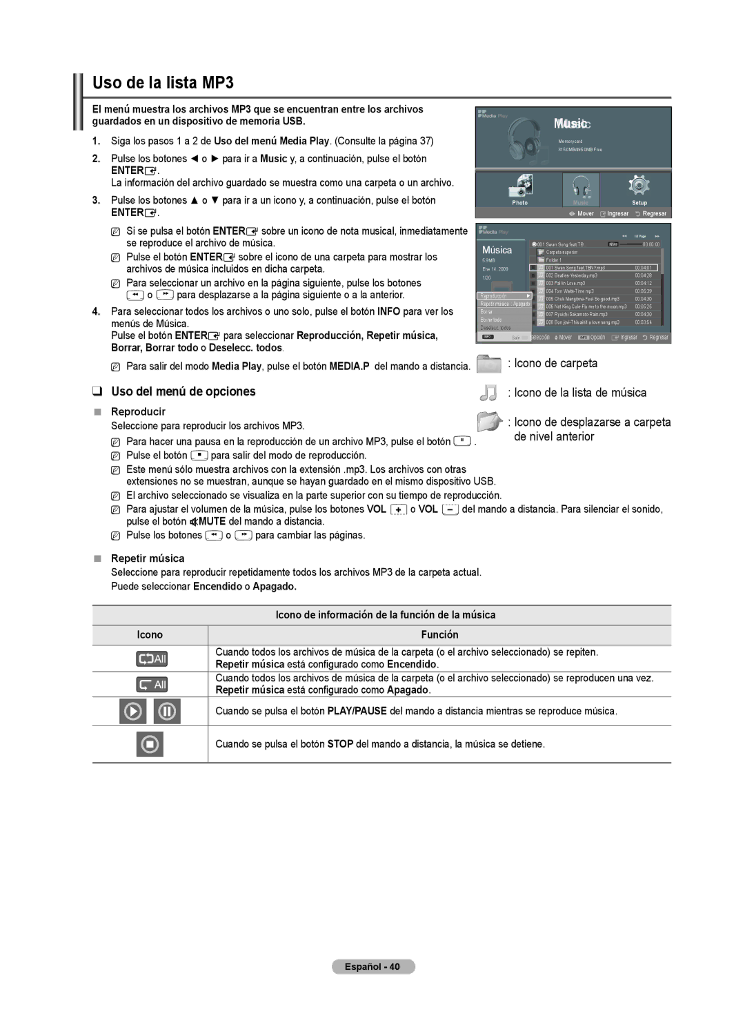 Samsung PN5B540SF user manual Uso de la lista MP3 