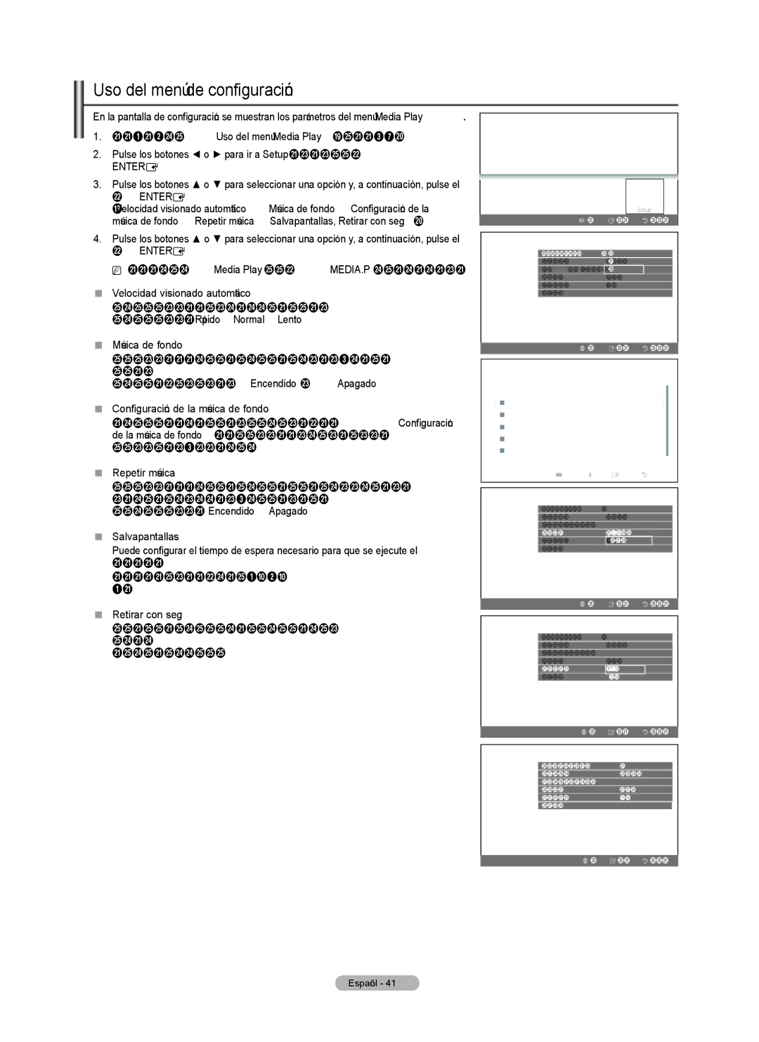 Samsung PN5B540SF user manual Uso del menú de configuración, Se puede seleccionar Encendido o Apagado,  Salvapantallas 