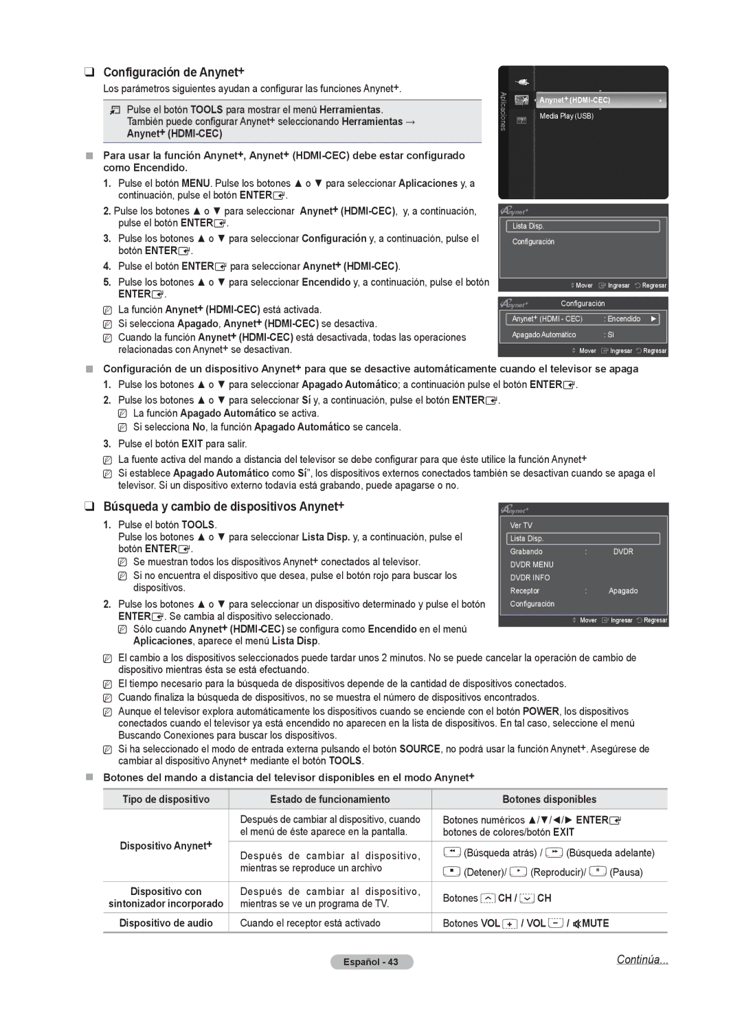 Samsung PN5B540SF user manual Configuración de Anynet+, Búsqueda y cambio de dispositivos Anynet+ 