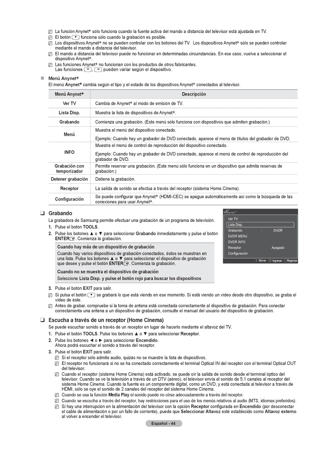 Samsung PN5B540SF user manual Escucha a través de un receptor Home Cinema 