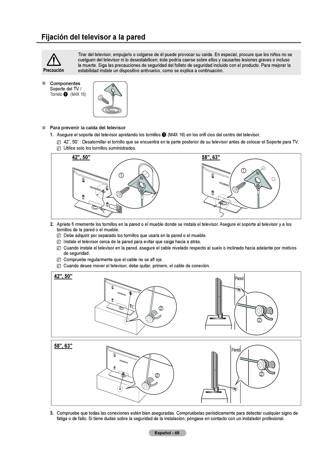 Samsung PN5B540SF Fijación del televisor a la pared,  Componentes, Soporte del TV,  Para prevenir la caída del televisor 