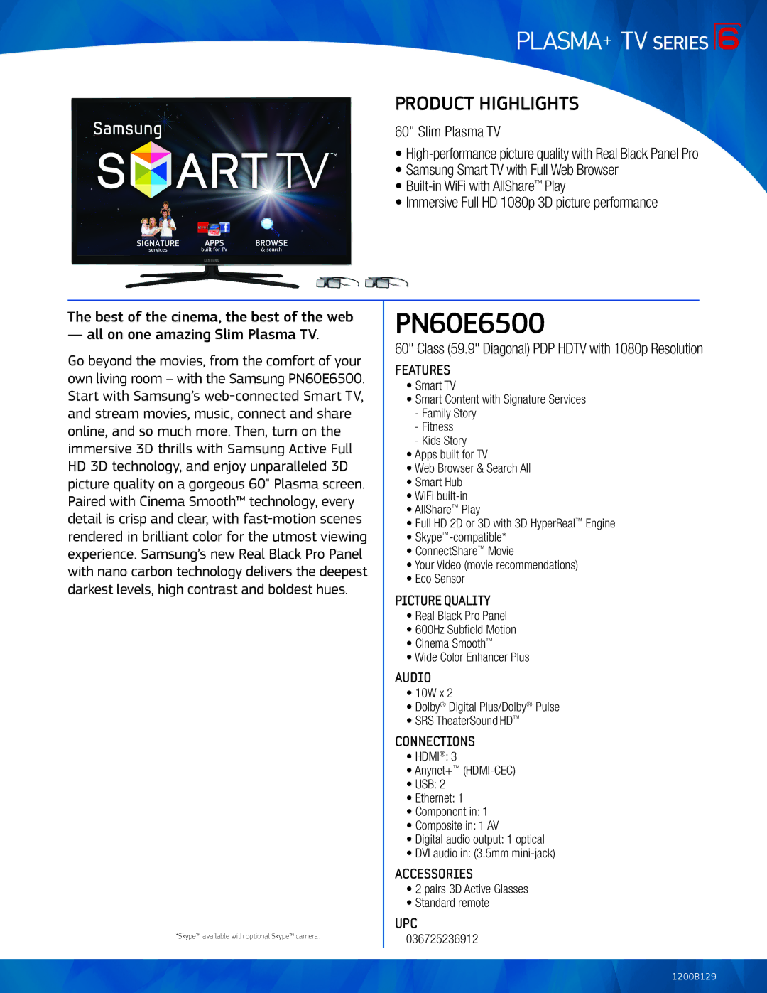 Samsung PN60E6500 manual Slim Plasma TV, Start with Samsung’s web-connected Smart TV 