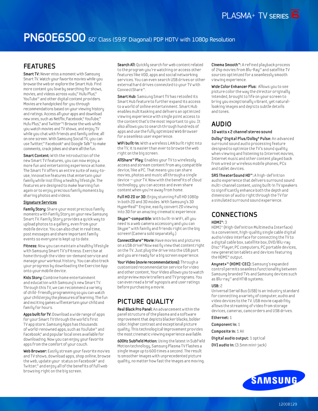 Samsung PN60E6500 manual Features, Picture Quality, Audio, Connections 