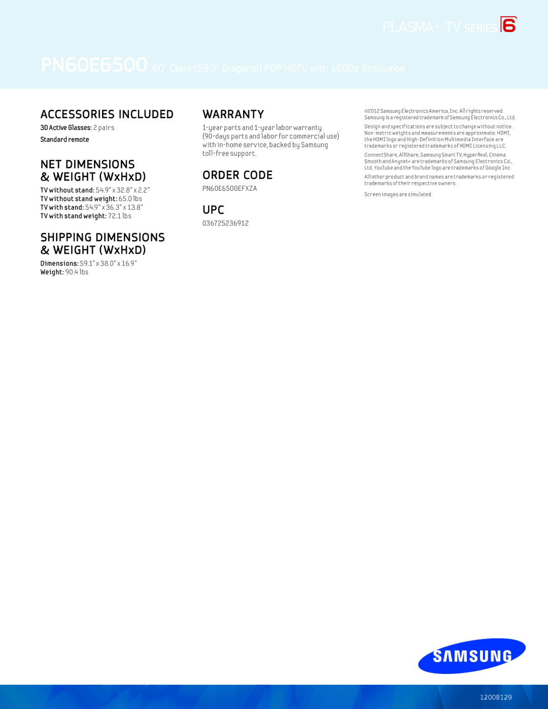 Samsung PN60E6500 manual Warranty, Order Code, Upc 