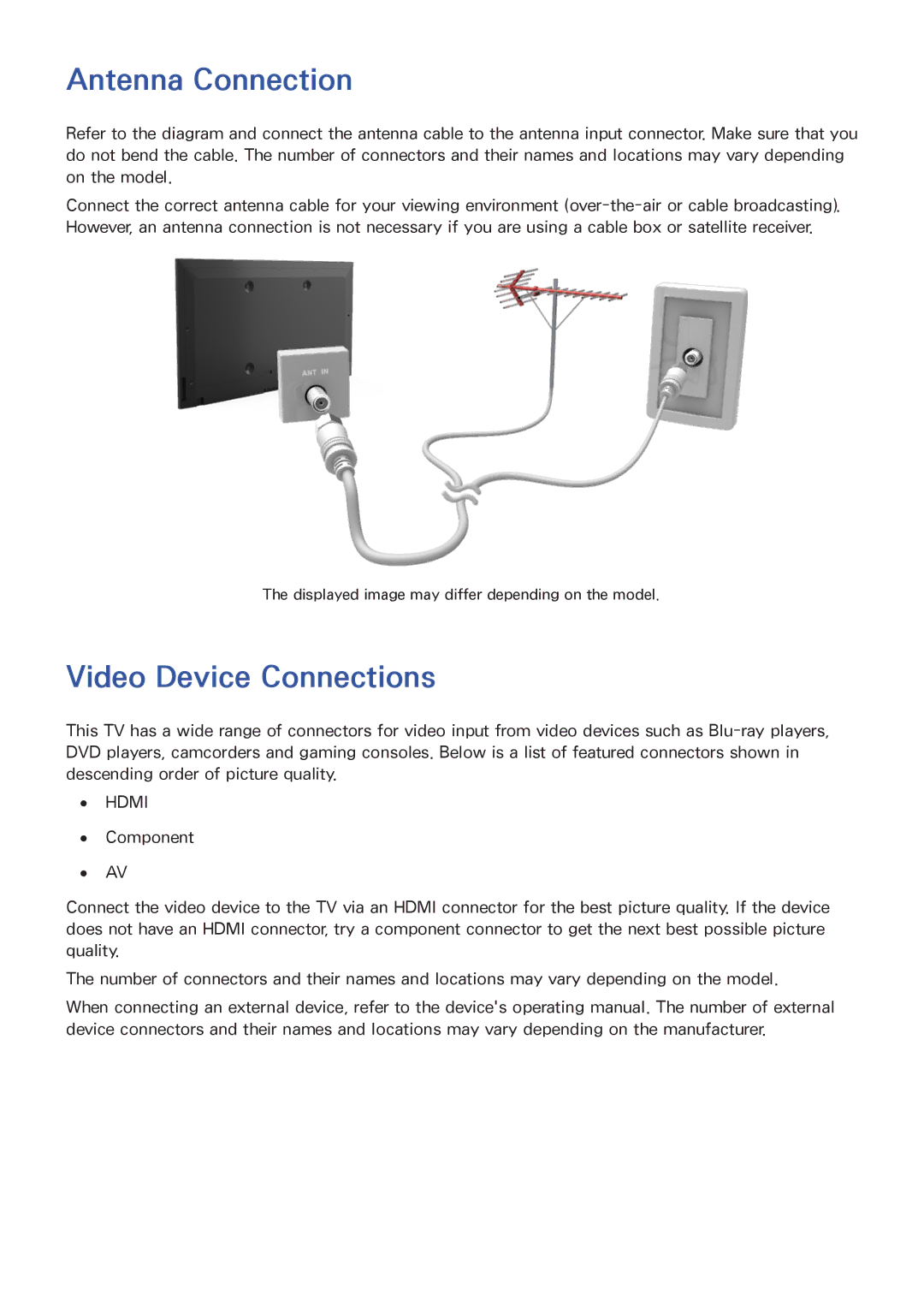 Samsung PN64F5500, PN60F5500, PN51F5500 manual Antenna Connection, Video Device Connections 