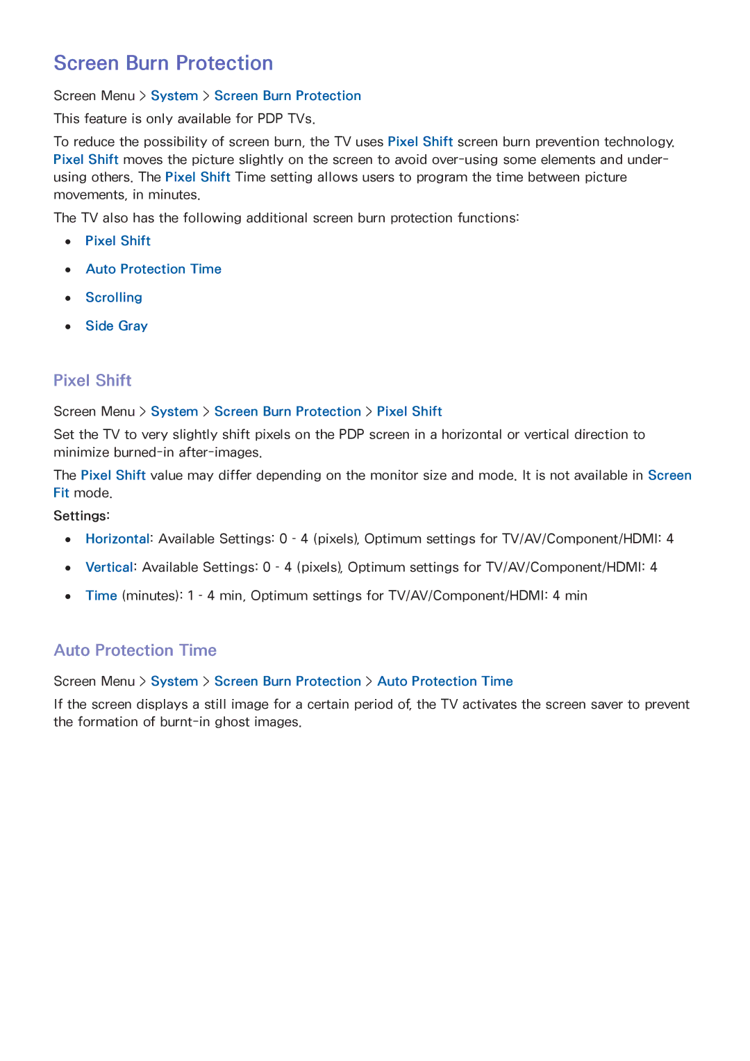 Samsung PN64F5500, PN60F5500, PN51F5500 manual Screen Burn Protection, Pixel Shift, Auto Protection Time 