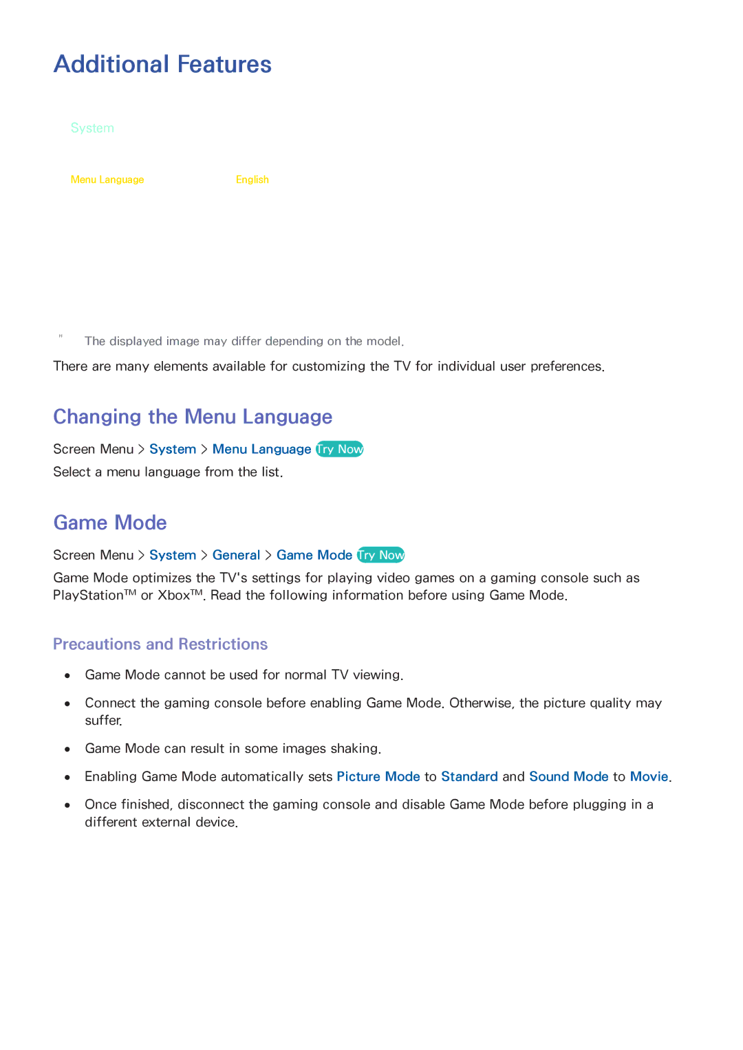 Samsung PN64F5500, PN60F5500 manual Additional Features, Changing the Menu Language, Game Mode, Precautions and Restrictions 