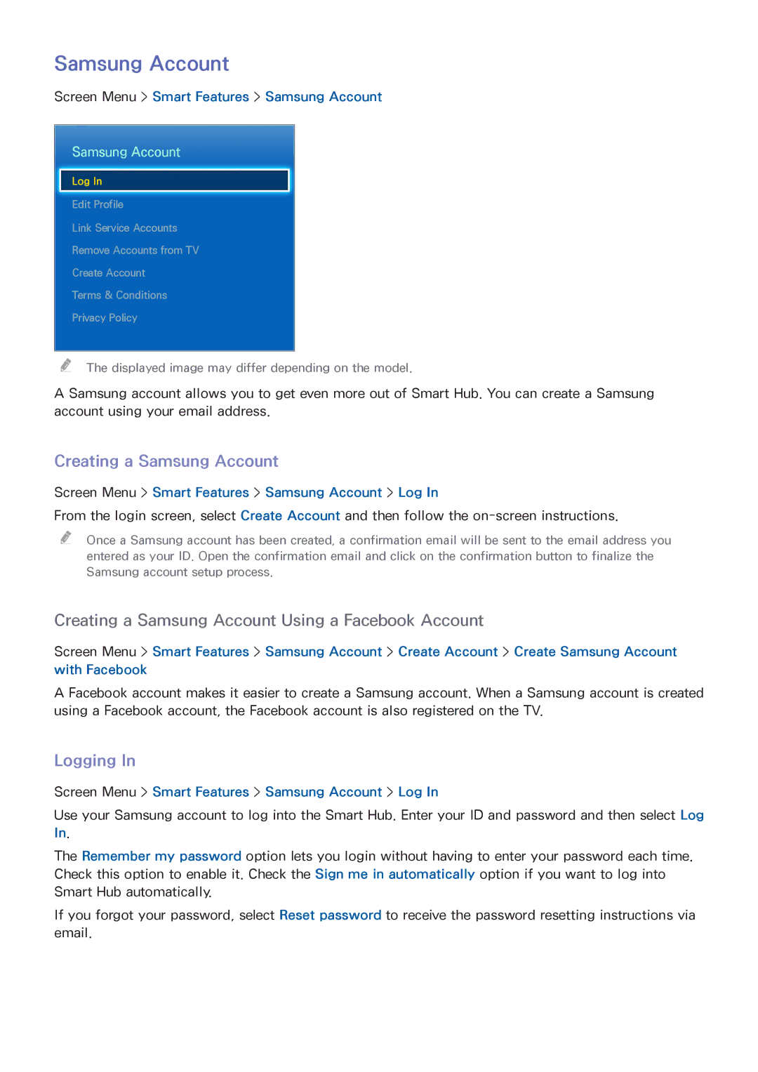 Samsung PN64F5500, PN60F5500, PN51F5500 Creating a Samsung Account, Logging, Screen Menu Smart Features Samsung Account 