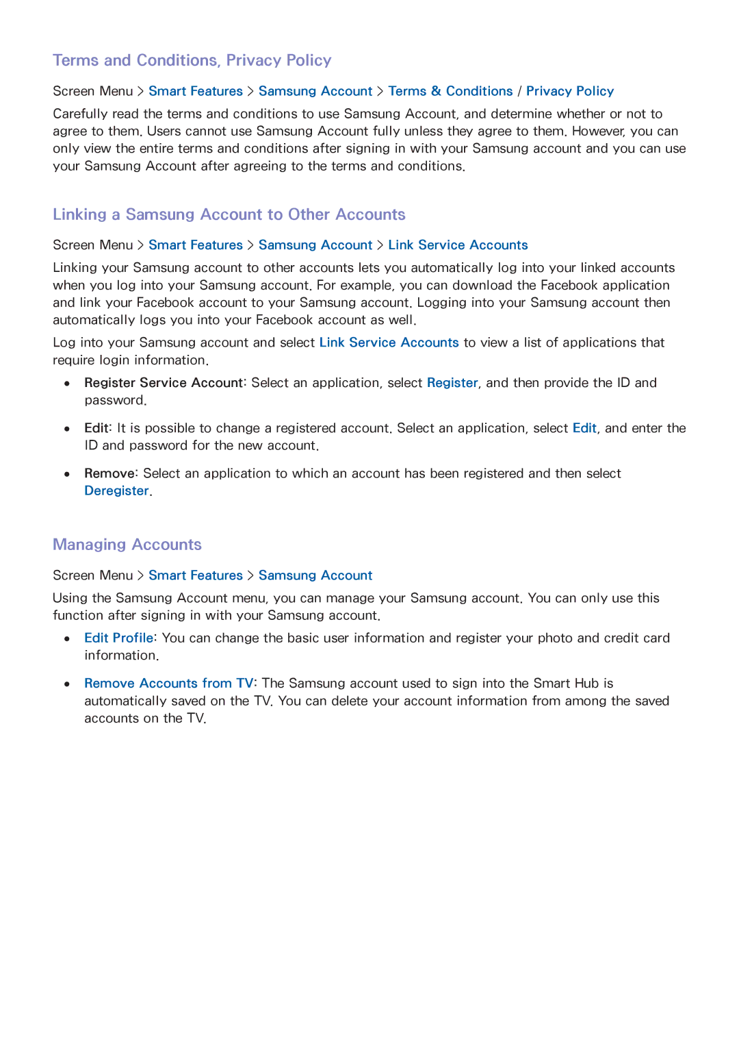 Samsung PN51F5500 Terms and Conditions, Privacy Policy, Linking a Samsung Account to Other Accounts, Managing Accounts 