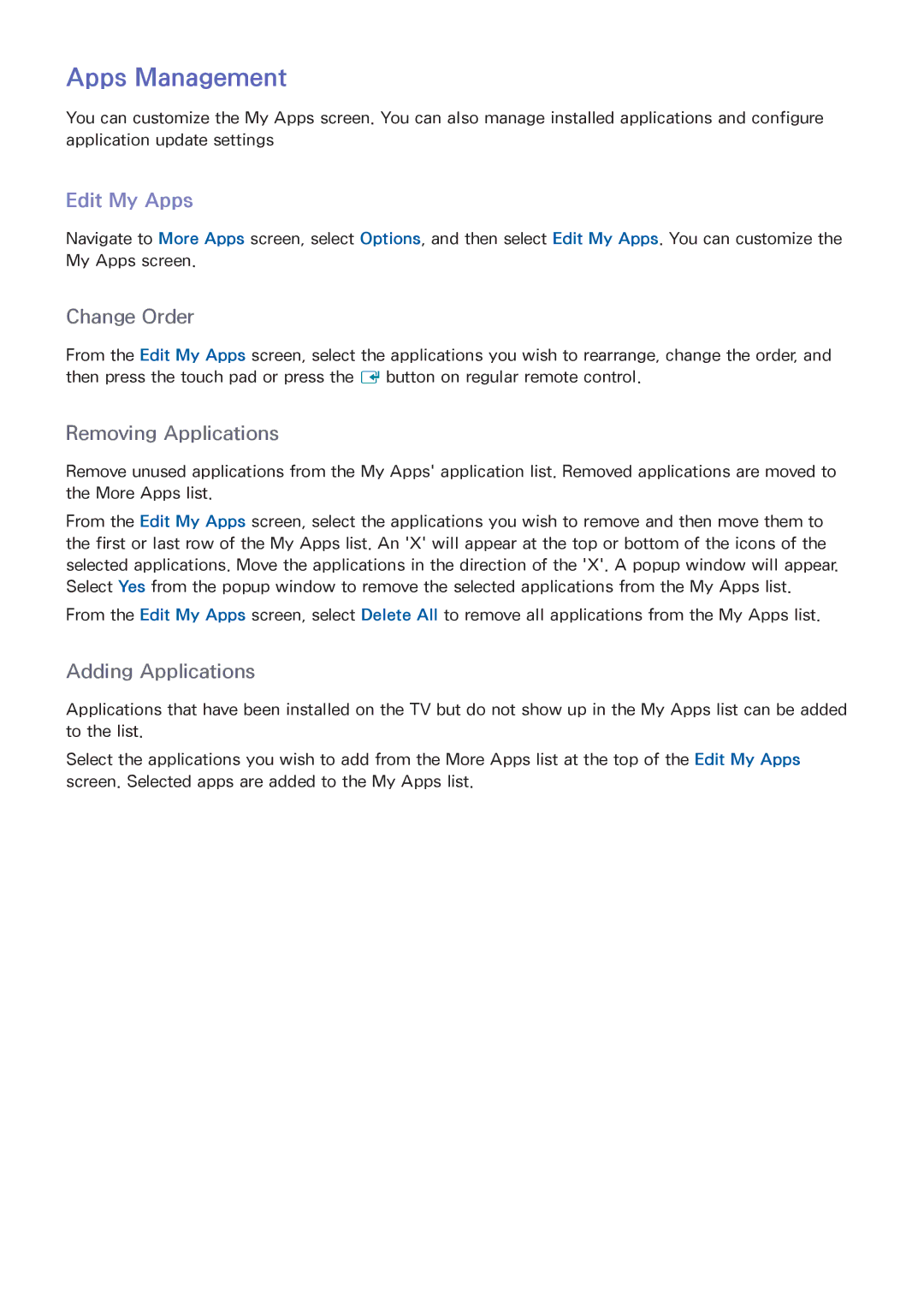 Samsung PN60F5500, PN64F5500, PN51F5500 manual Apps Management, Edit My Apps 