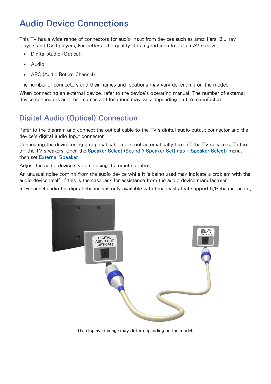 Samsung PN64F5500, PN60F5500, PN51F5500 manual Audio Device Connections, Digital Audio Optical Connection 