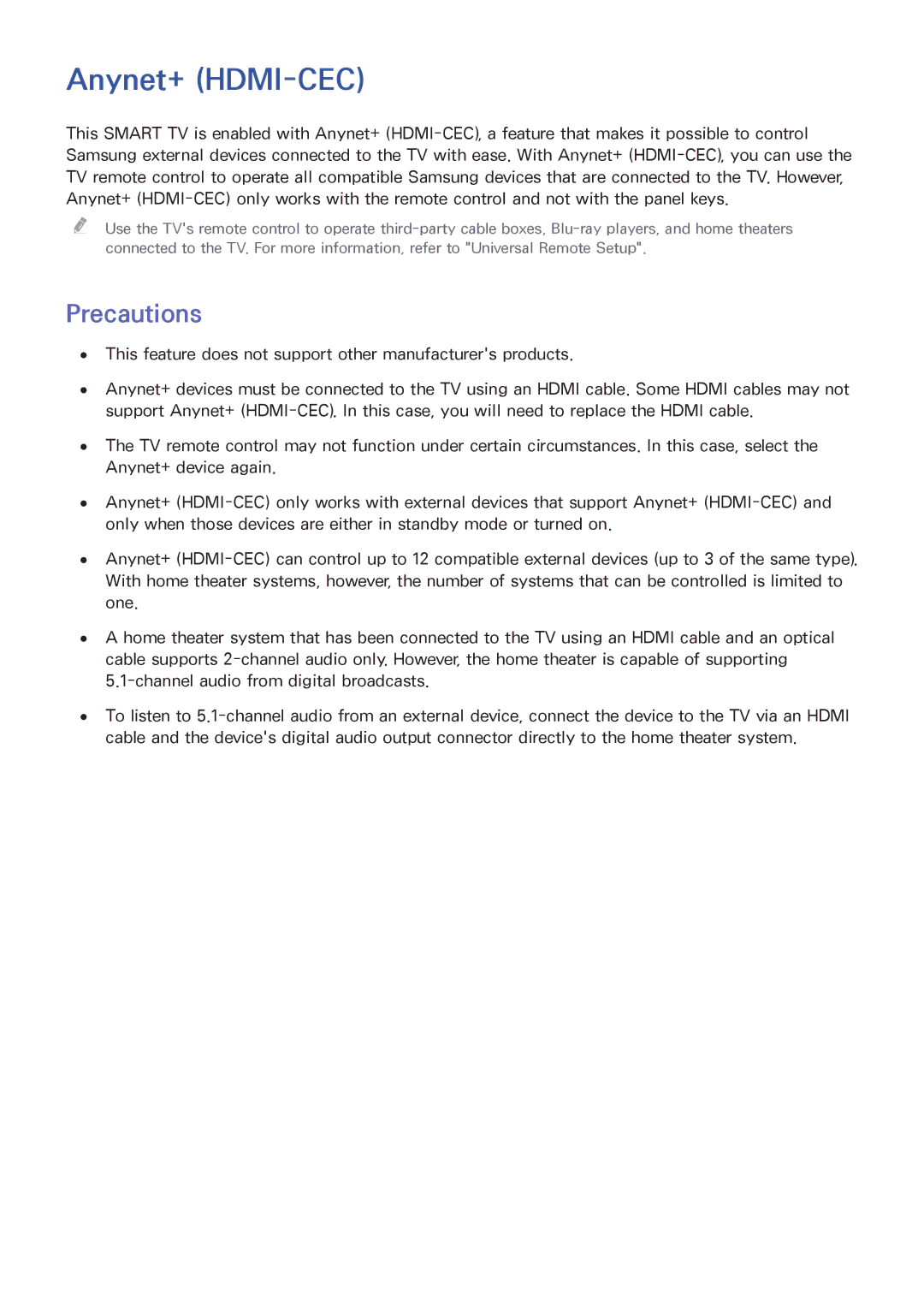 Samsung PN60F5500, PN64F5500, PN51F5500 manual Anynet+ HDMI-CEC, Precautions 
