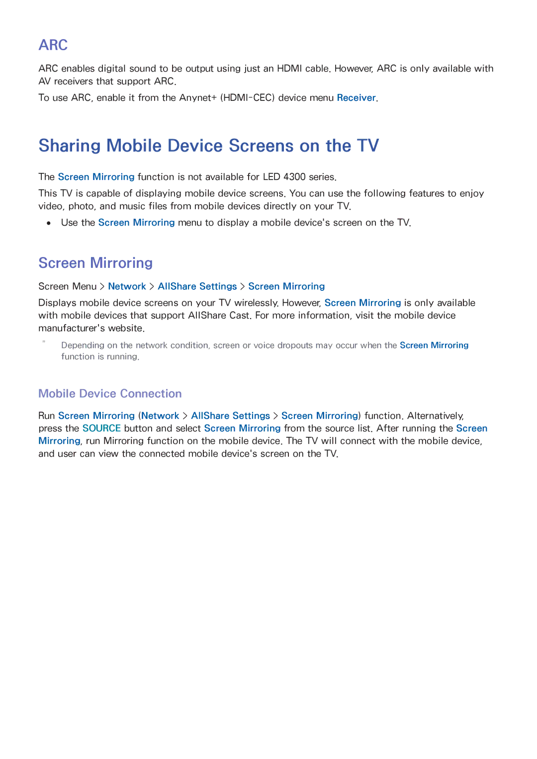 Samsung PN60F5500, PN64F5500, PN51F5500 Sharing Mobile Device Screens on the TV, Screen Mirroring, Mobile Device Connection 