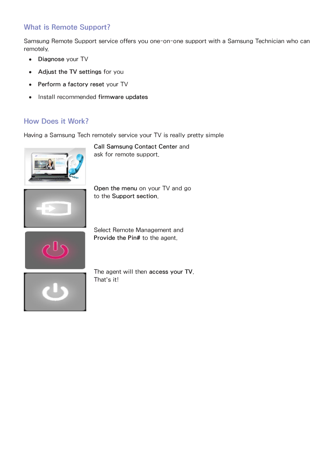 Samsung PN51F5500, PN60F5500, PN64F5500 manual What is Remote Support?, How Does it Work? 