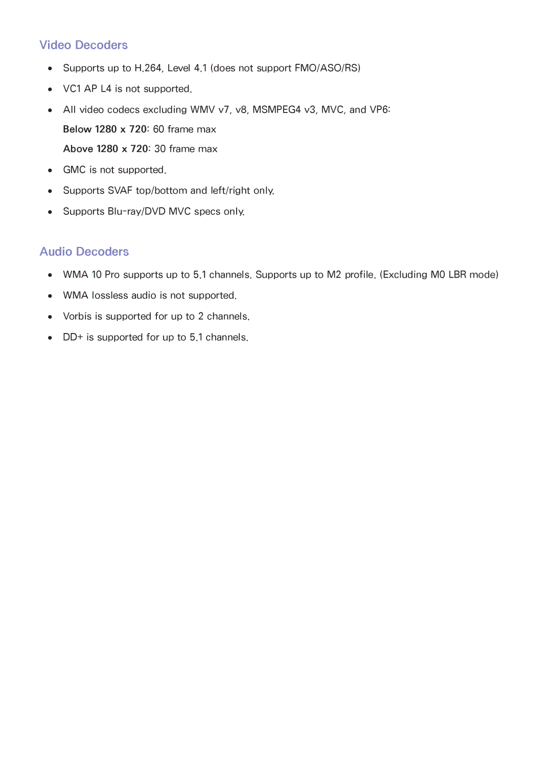 Samsung PN51F5500, PN60F5500, PN64F5500 manual Video Decoders, Audio Decoders 