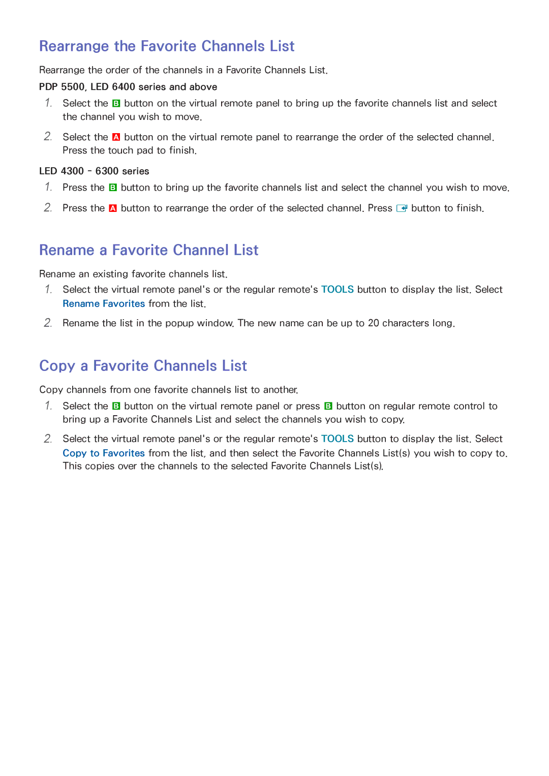 Samsung PN64F5500 Rearrange the Favorite Channels List, Rename a Favorite Channel List, Copy a Favorite Channels List 