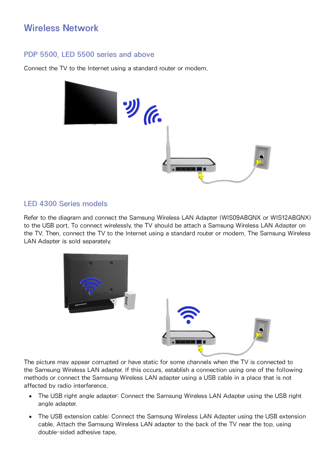 Samsung PN60F5500, PN64F5500, PN51F5500 manual Wireless Network, PDP 5500, LED 5500 series and above, LED 4300 Series models 