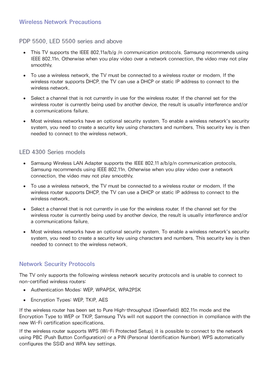 Samsung PN64F5500, PN60F5500, PN51F5500 manual Wireless Network Precautions, Network Security Protocols 