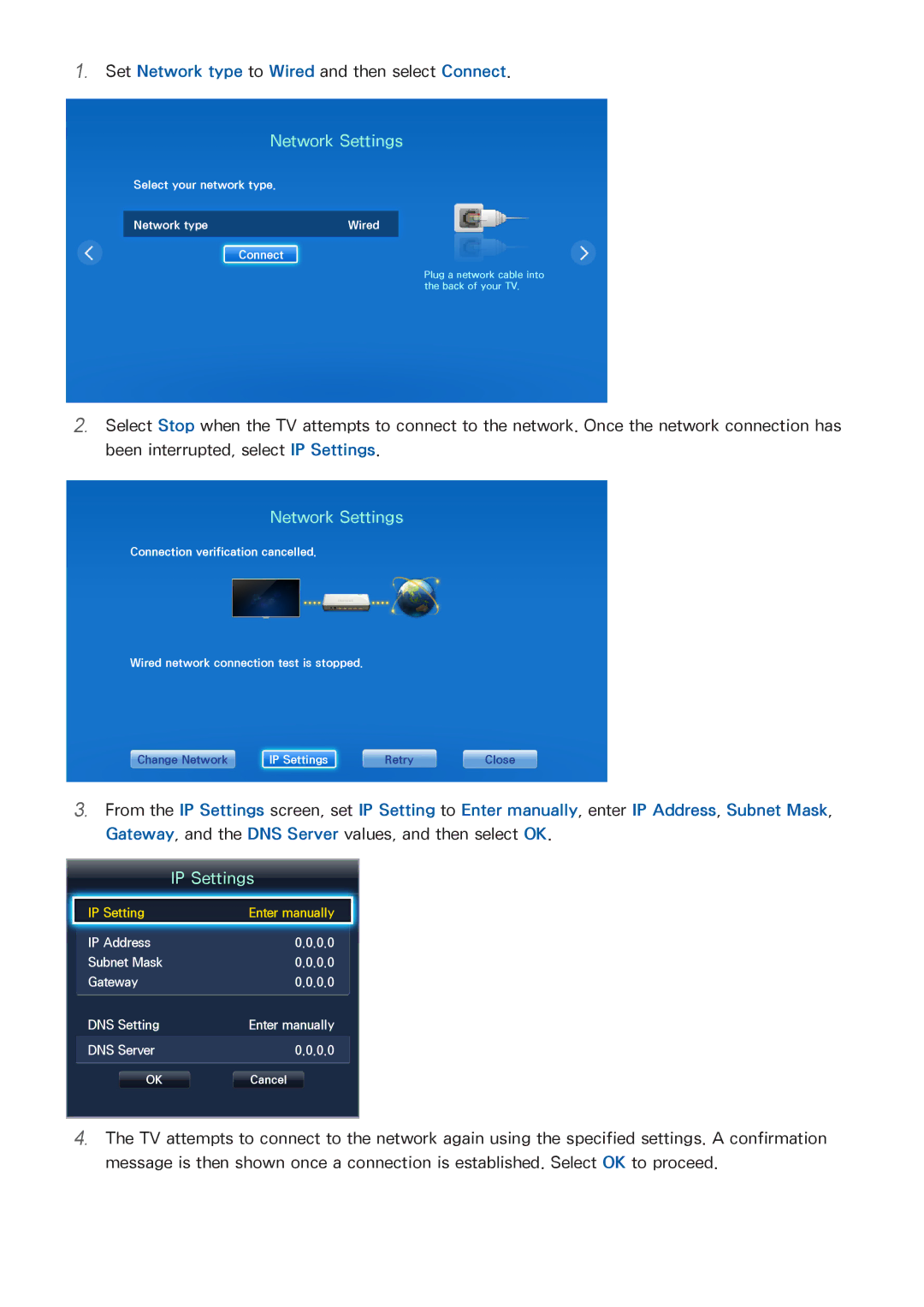 Samsung PN60F5500, PN64F5500, PN51F5500 manual Network Settings, IP Settings 