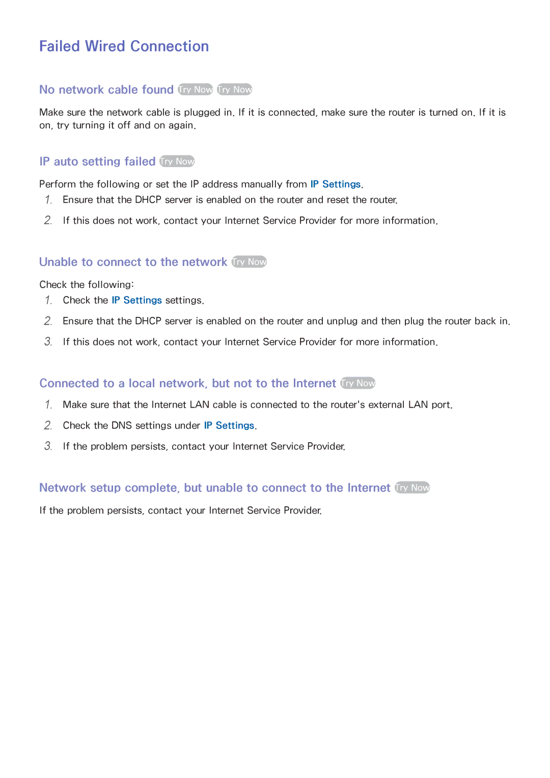 Samsung PN64F5500 manual Failed Wired Connection, No network cable found Try Now Try Now, IP auto setting failed Try Now 