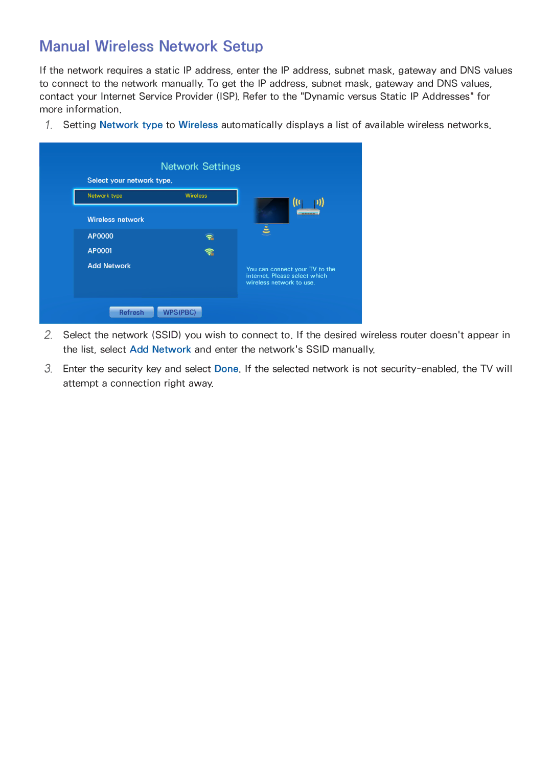 Samsung PN60F5500, PN64F5500, PN51F5500 manual Manual Wireless Network Setup, Wireless network AP0000 AP0001 Add Network 