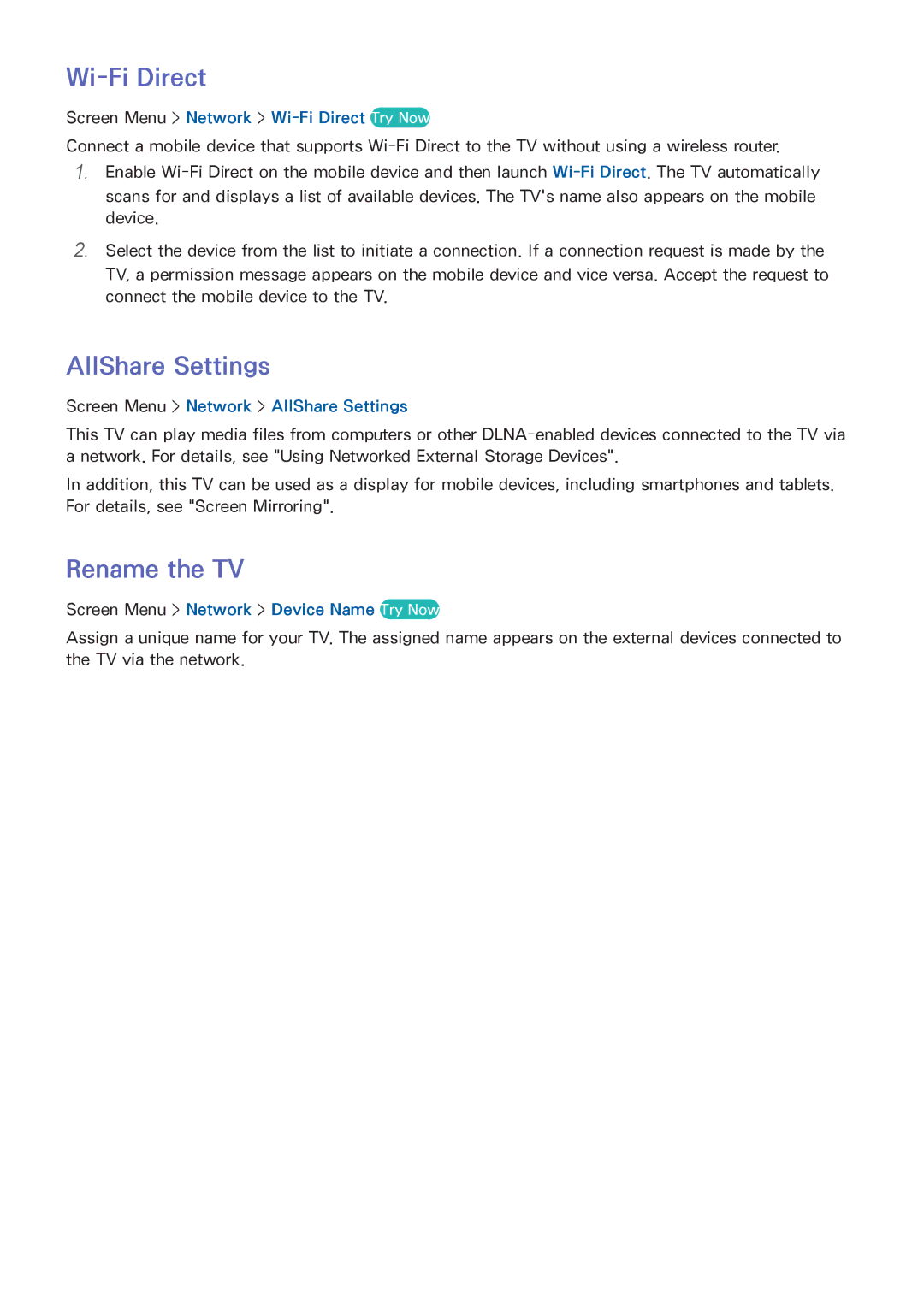 Samsung PN51F5500, PN60F5500, PN64F5500 manual Wi-Fi Direct, AllShare Settings, Rename the TV 