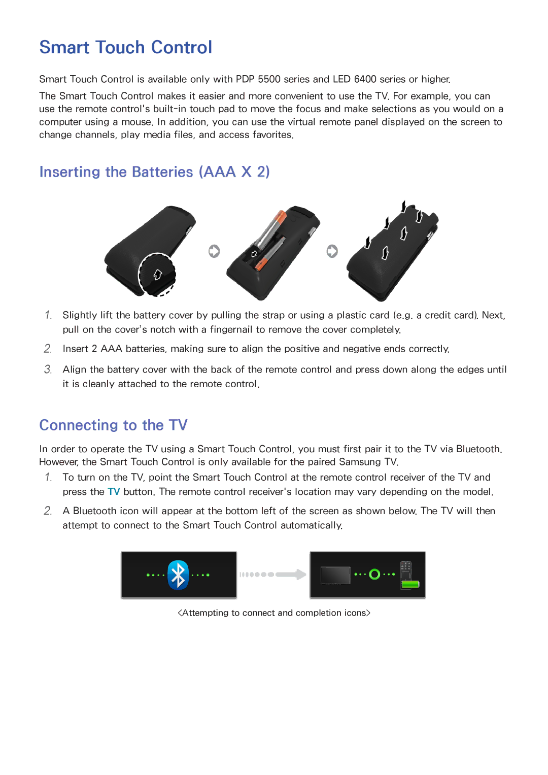 Samsung PN60F5500, PN64F5500, PN51F5500 manual Smart Touch Control, Inserting the Batteries AAA X, Connecting to the TV 