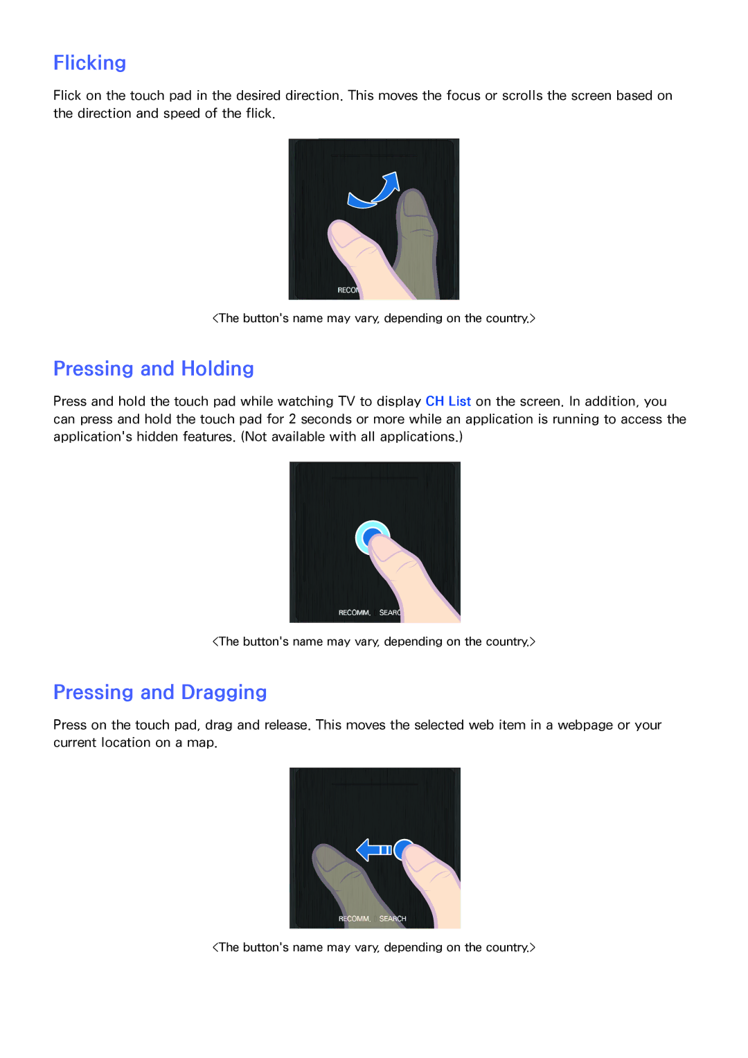 Samsung PN60F5500, PN64F5500, PN51F5500 manual Flicking, Pressing and Holding, Pressing and Dragging 