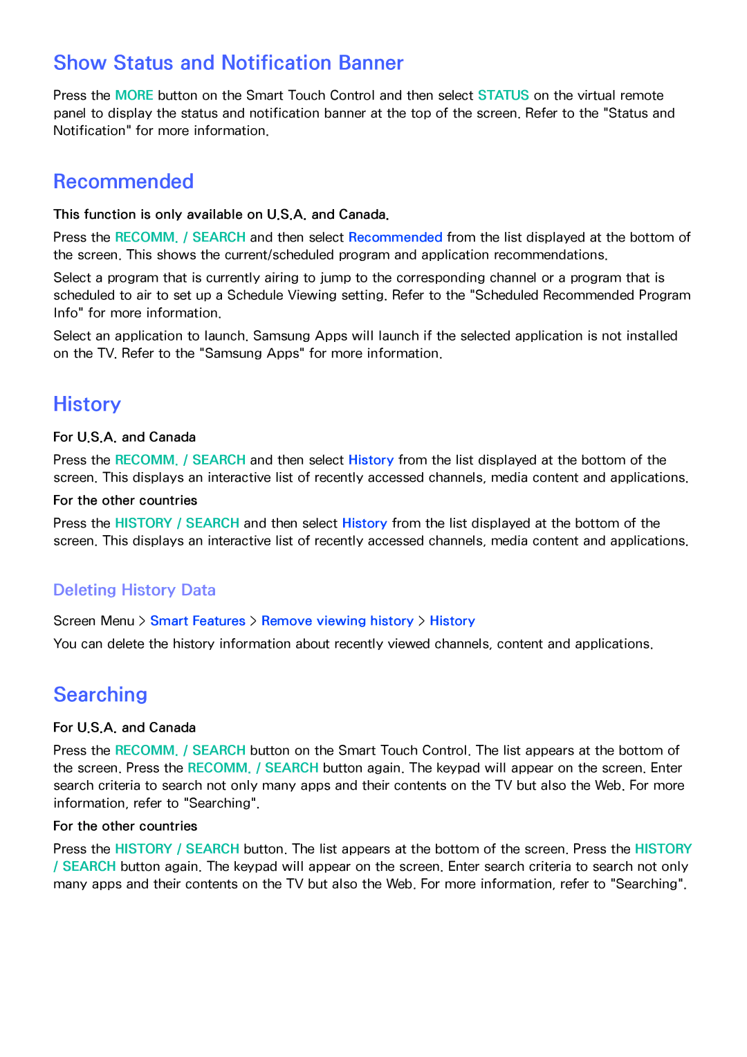 Samsung PN60F5500, PN64F5500 manual Show Status and Notification Banner, Recommended, Searching, Deleting History Data 